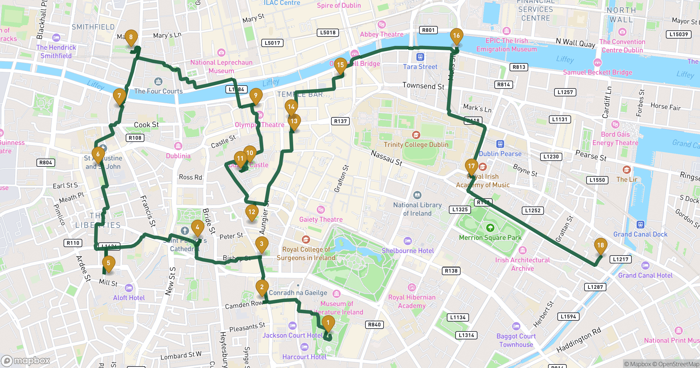 Dublin步行導覽的地圖，包含 18 個景點