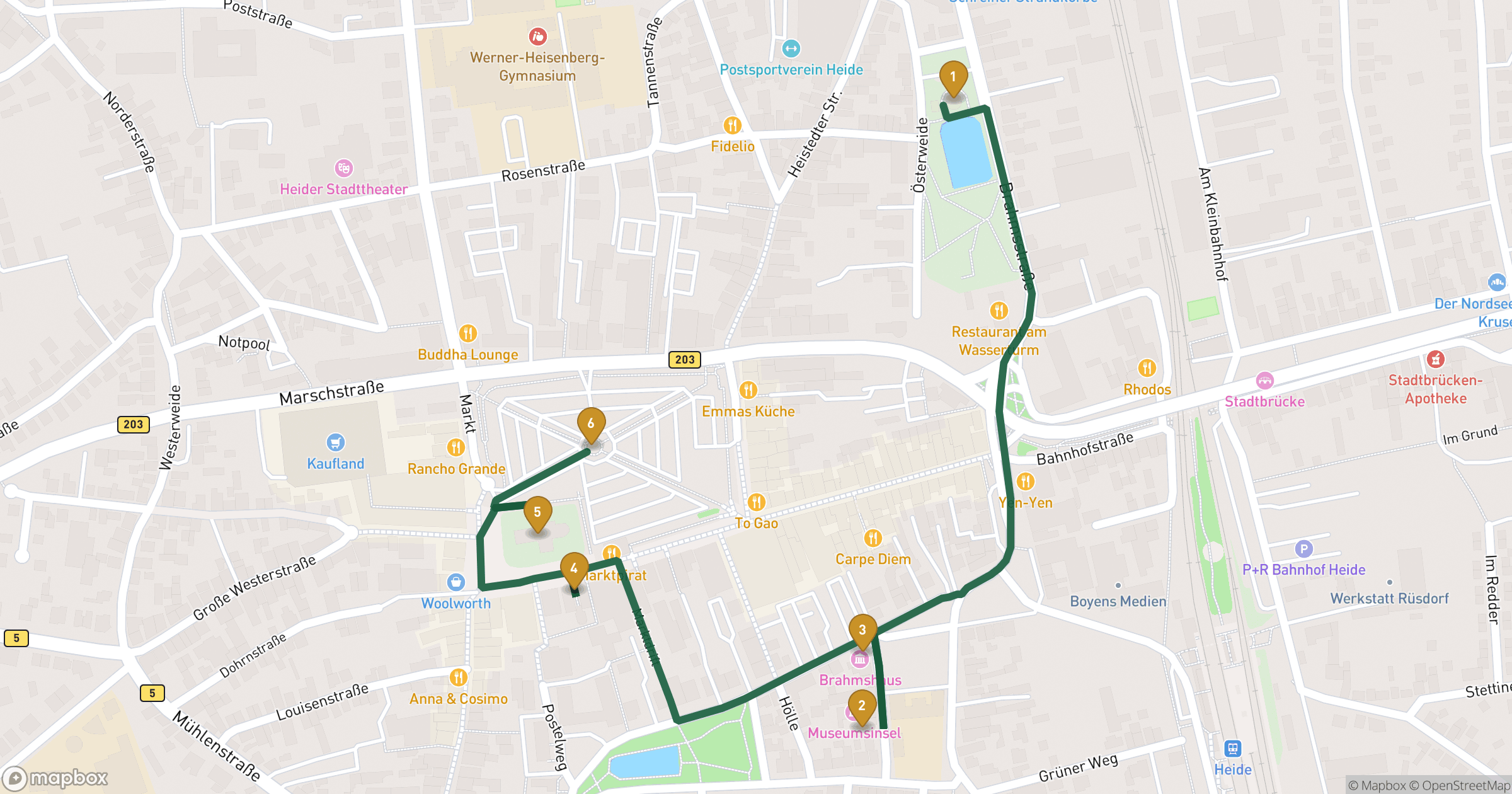 Map for Heide's Highlights walking tour with 6 stops