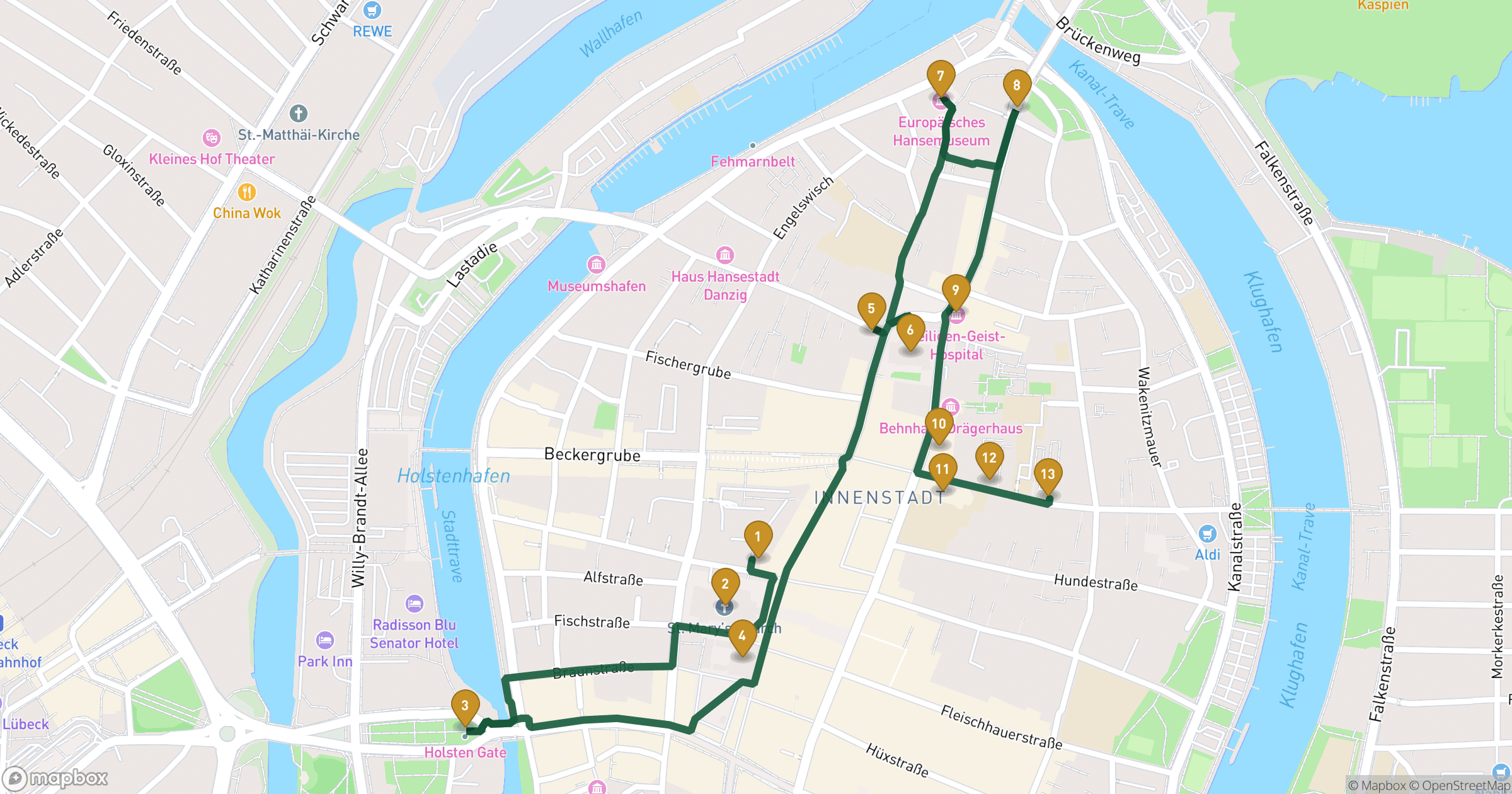Map for Lübeck byvandring with 13 stops