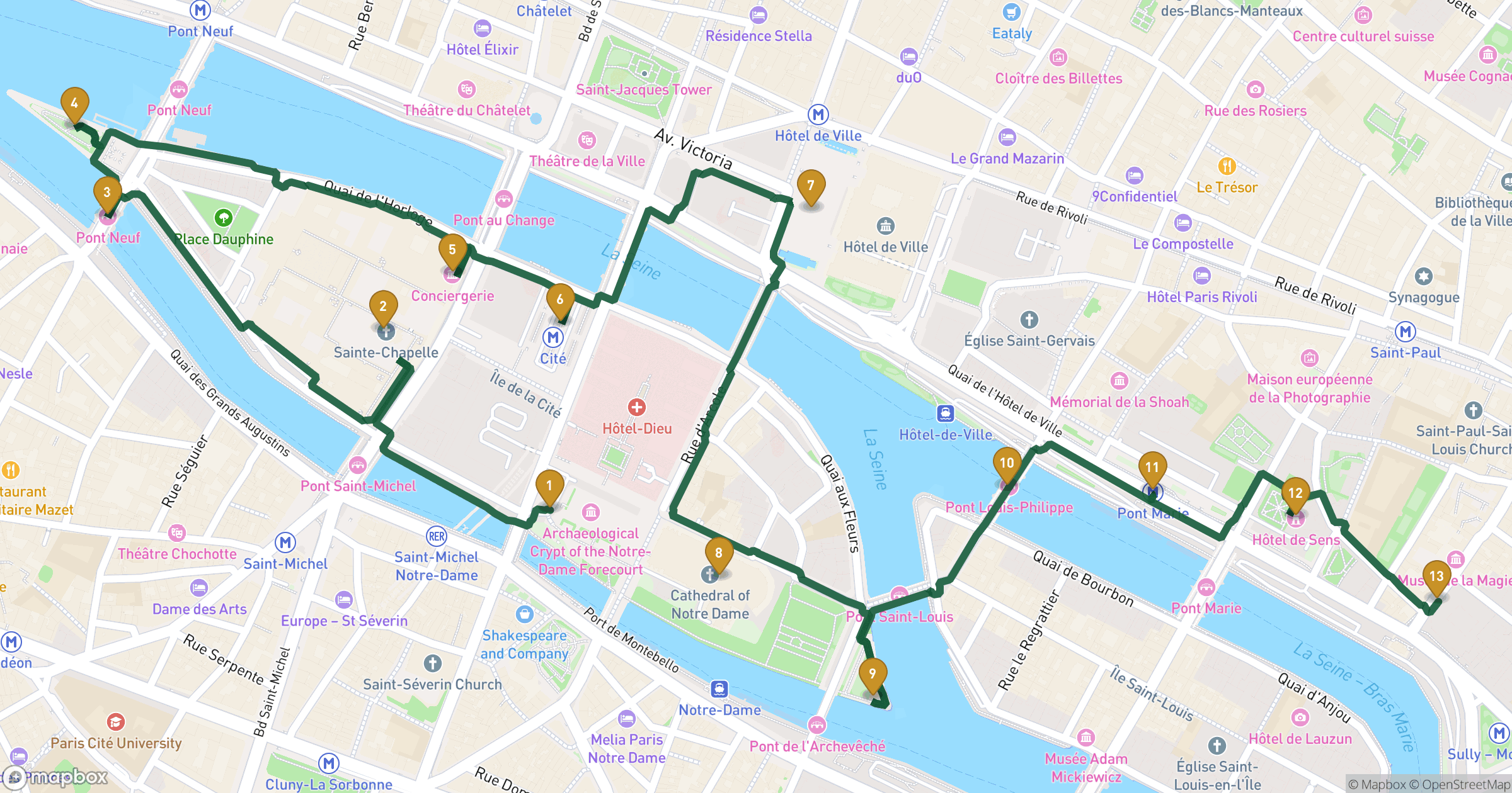 Kaart voor wandeling De Oorsprong van Parijs met 13 stops