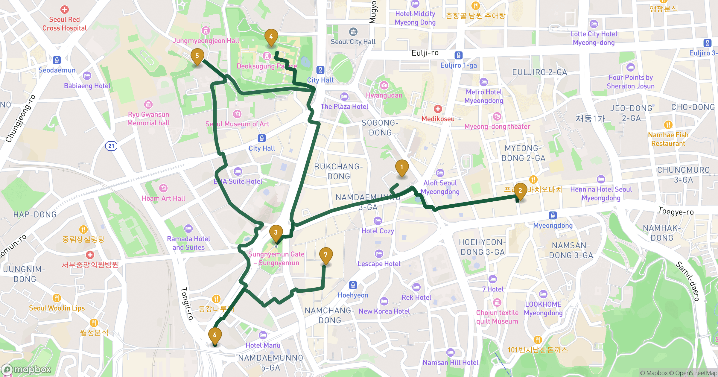 Map for 서울특별시 byvandring with 7 stops