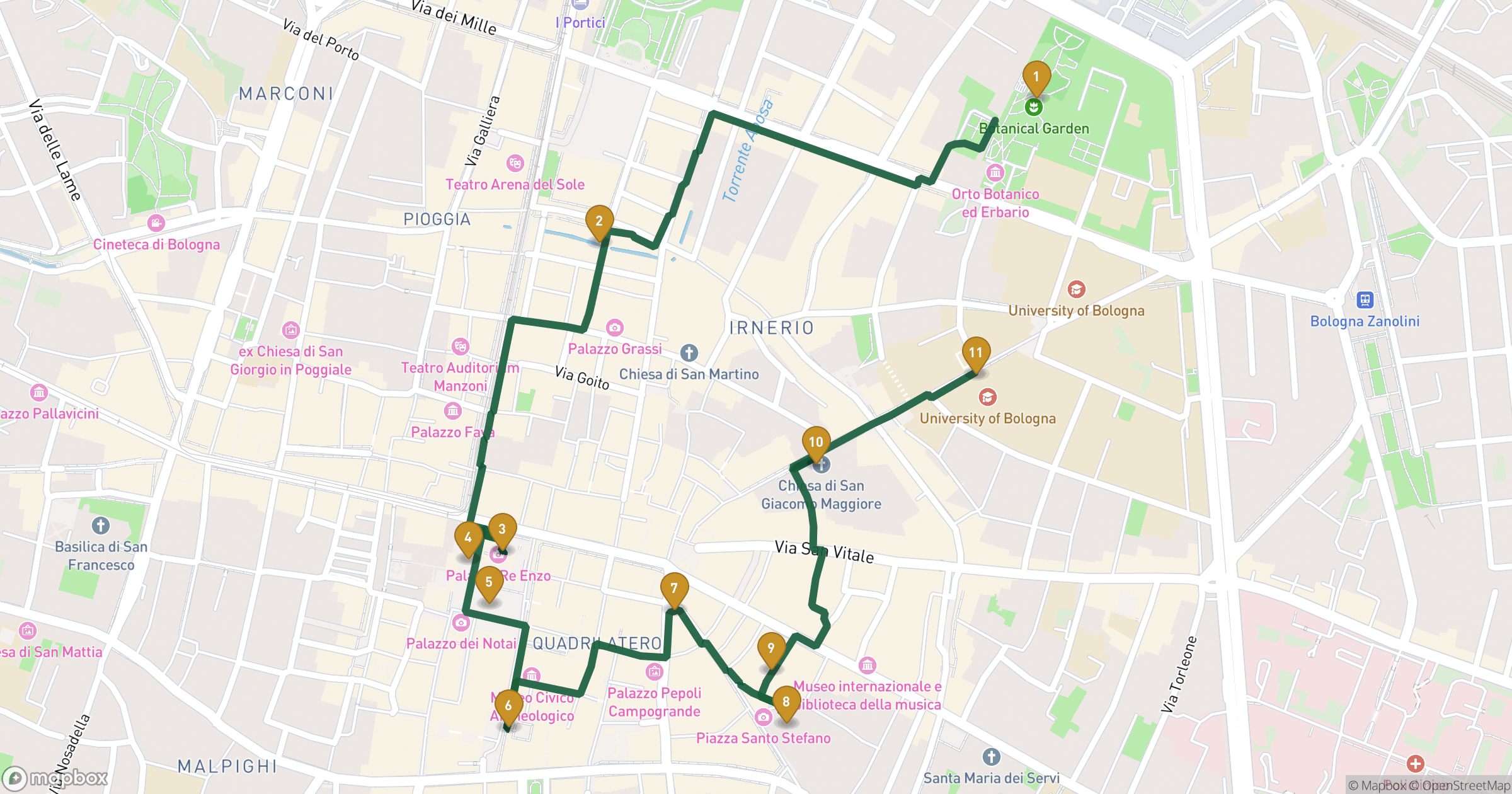 Map for Bologna観光 with 11 stops