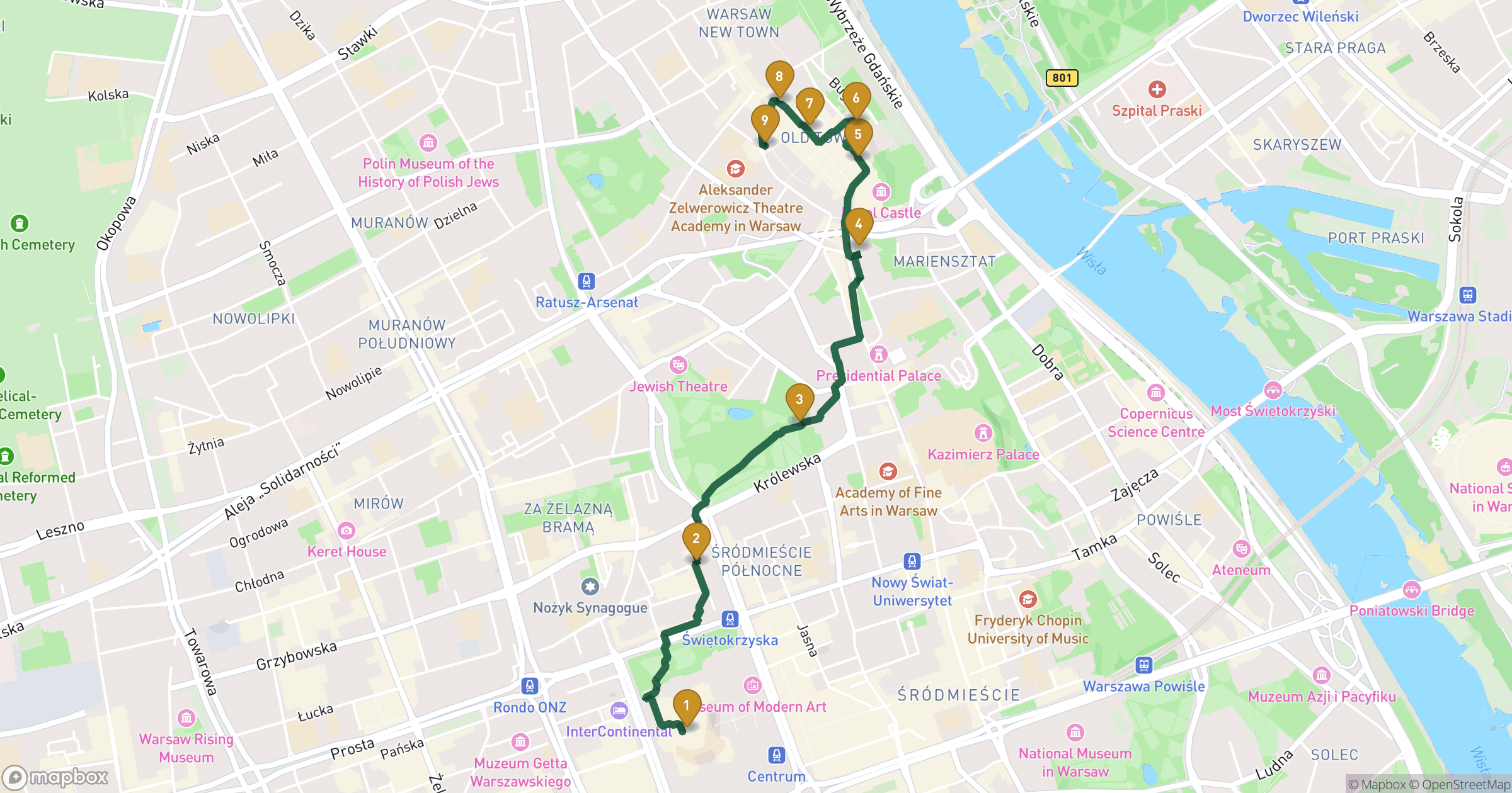 Carte pour visite à pied Varsovie avec 9 arrêts
