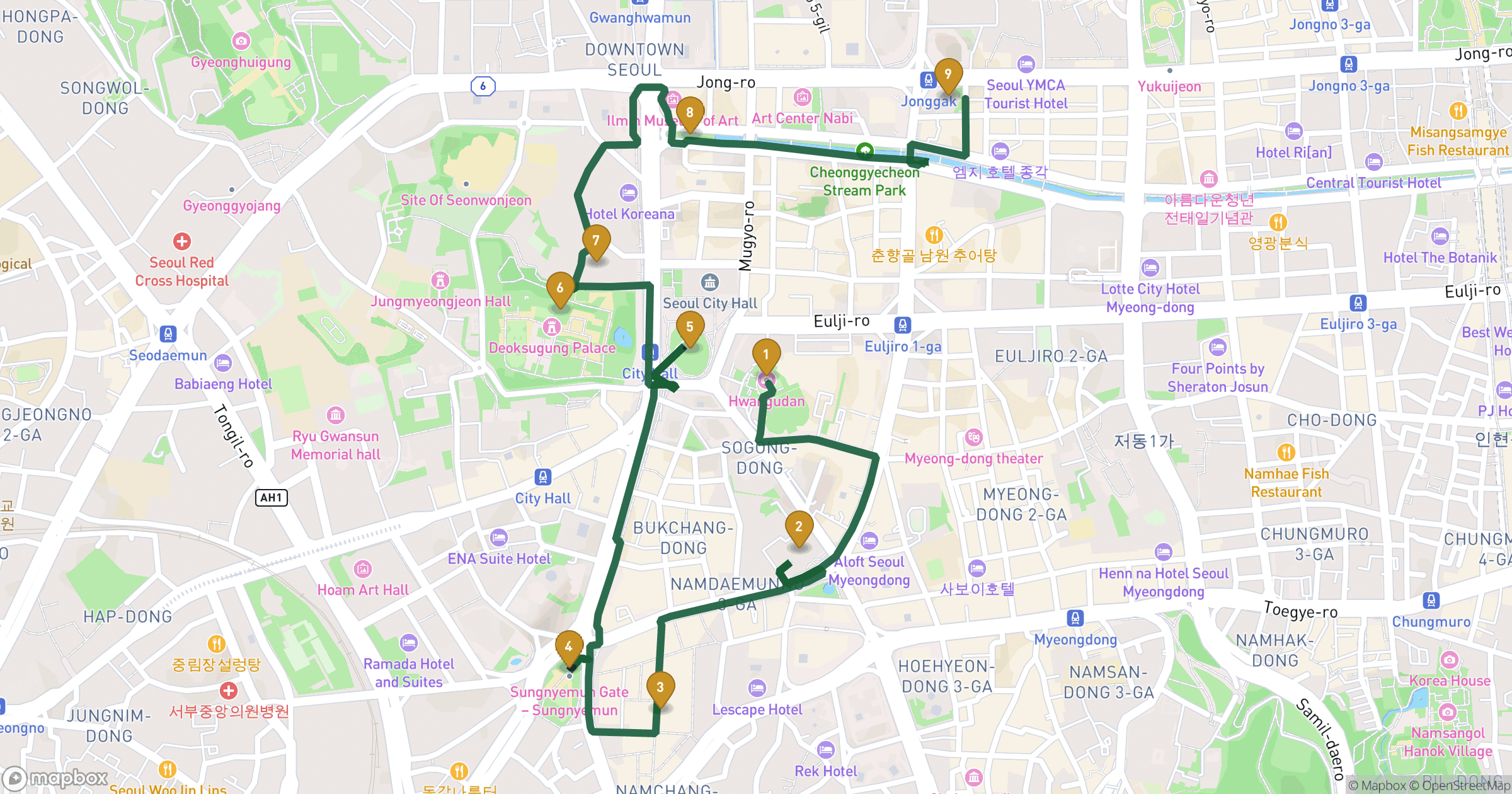 Mapa de visita guiada El Centro de Seúl con 9 paradas