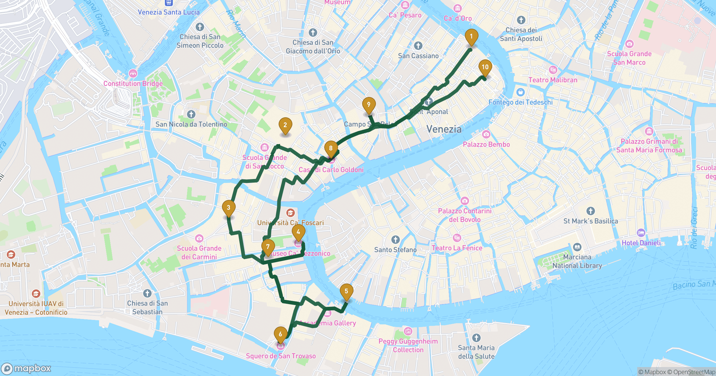 Map for Bag Canal Grande byvandring with 10 stops