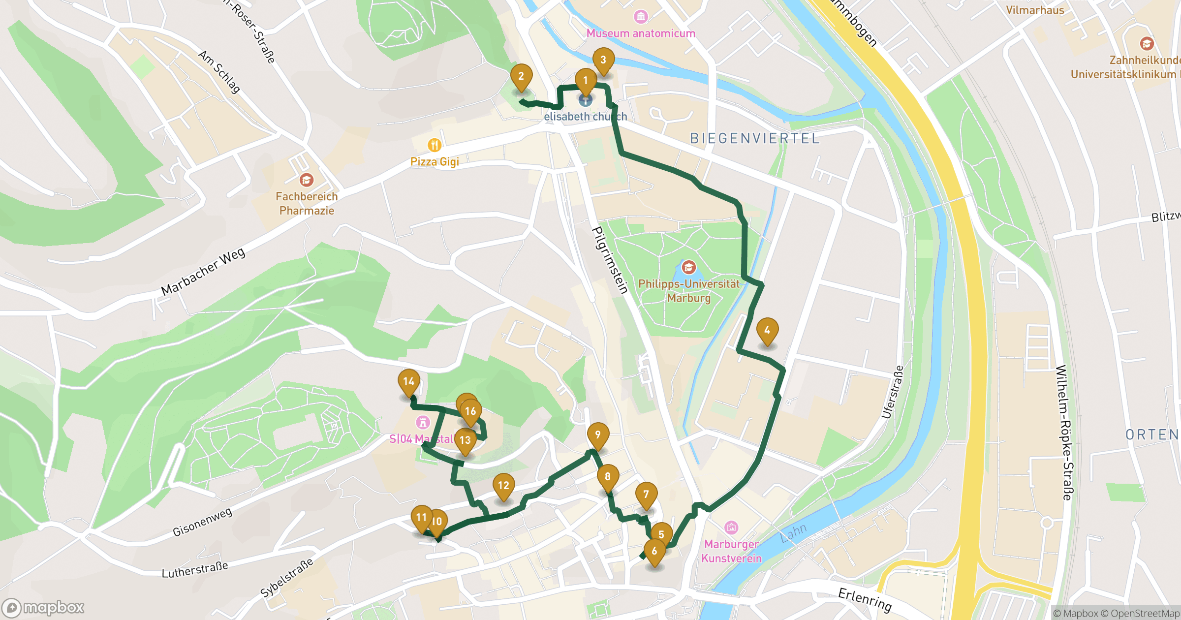 Map for Marburg walking tour with 16 stops