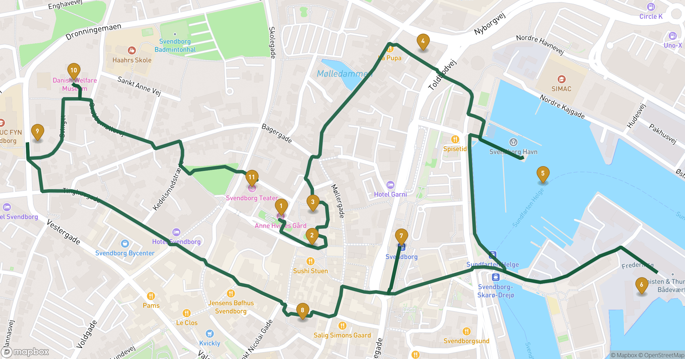 Map for Svendborg byvandring with 11 stops