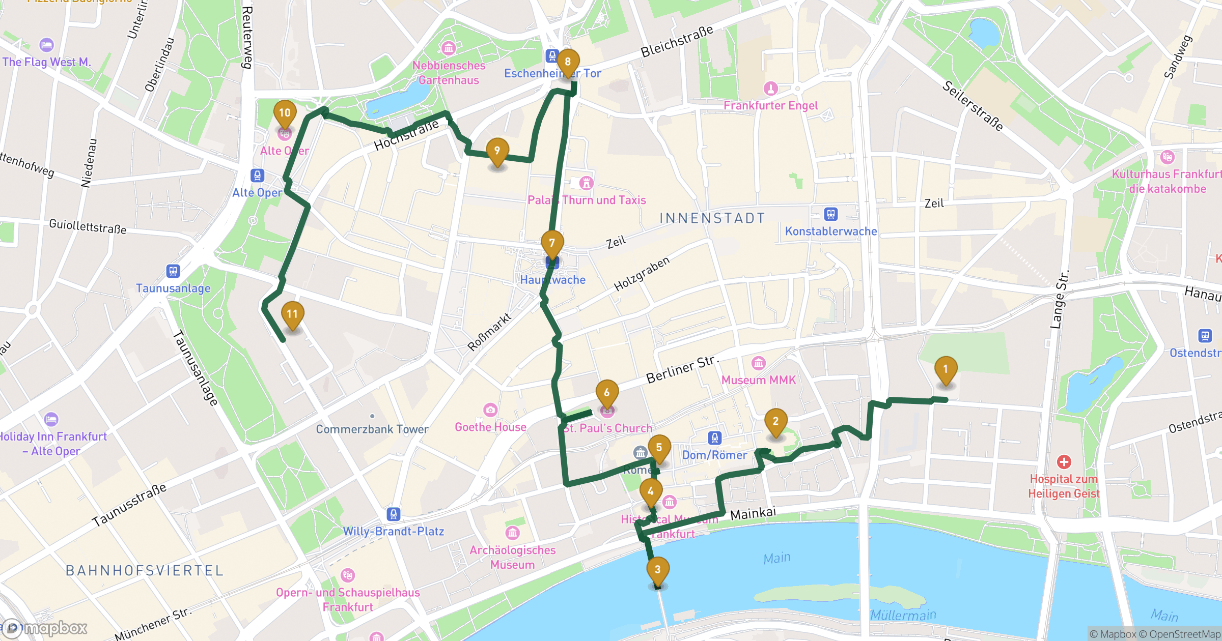 Map for Frankfurt walking tour with 11 stops