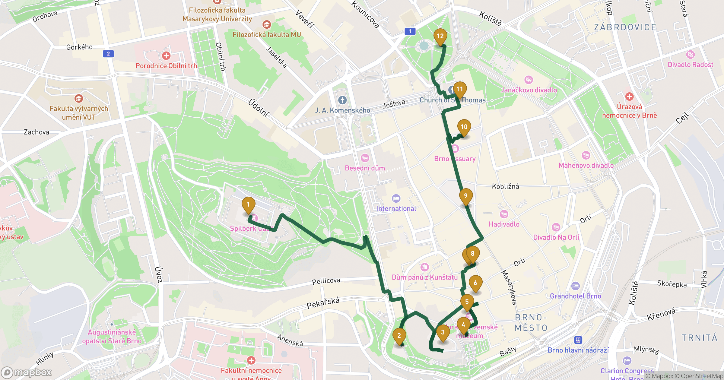 Map for Brno walking tour with 12 stops
