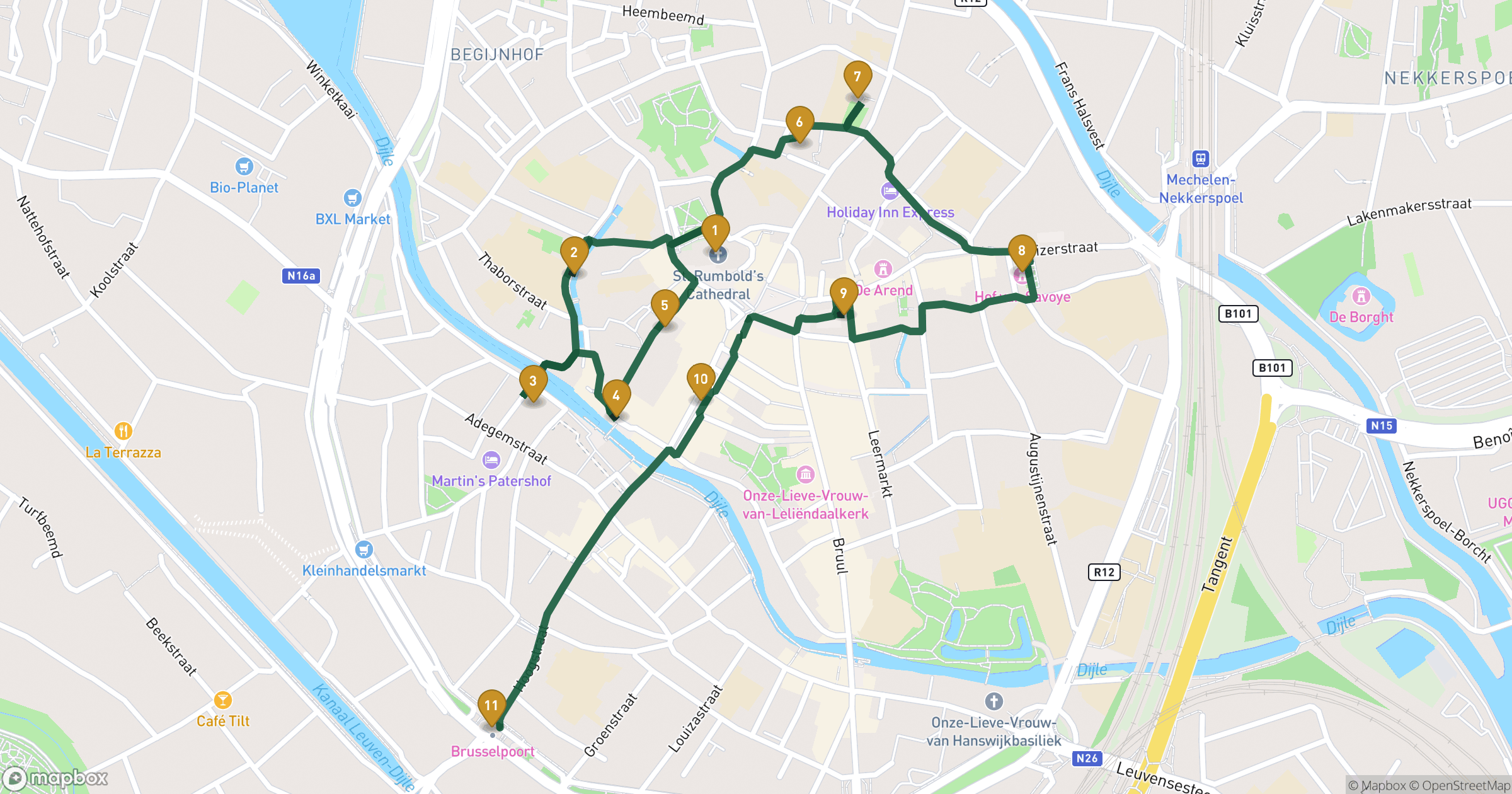 Kaart voor wandeling Mechelen met 11 stops