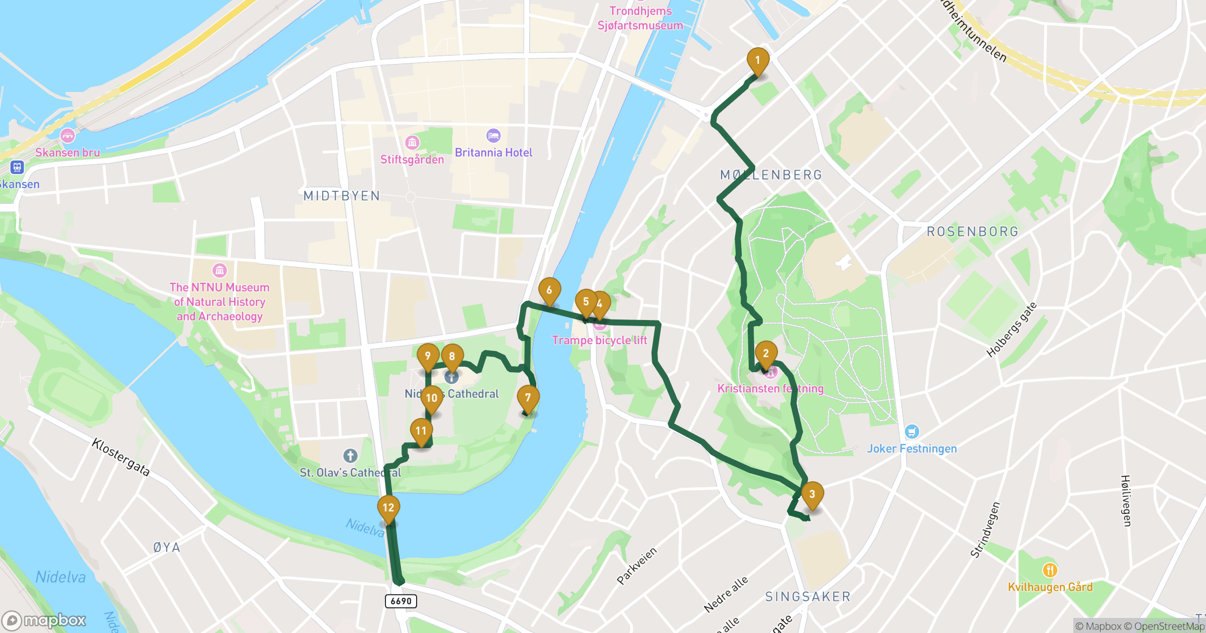 Map for Trondheim walking tour with 12 stops