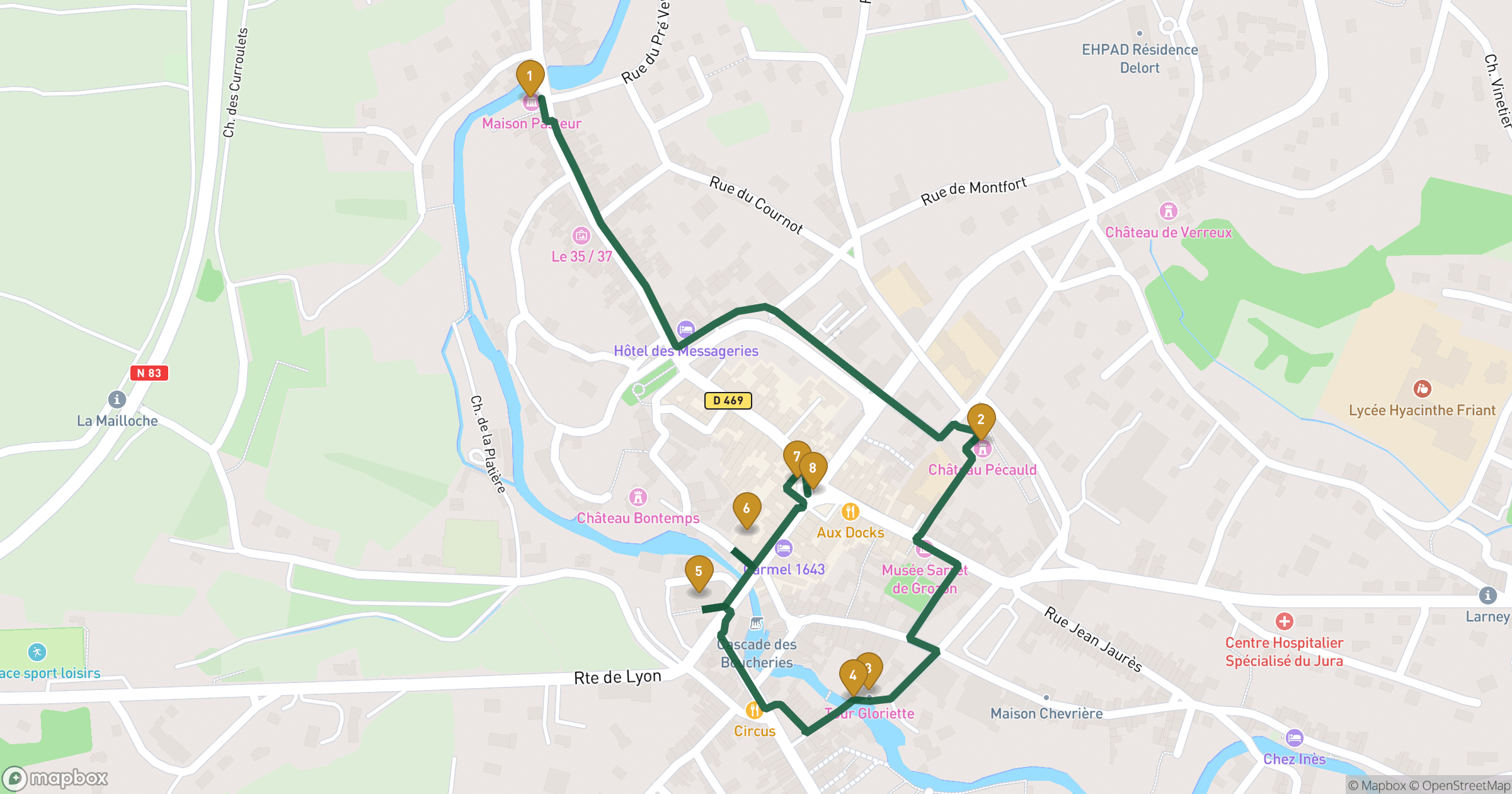 Map for Arbois walking tour with 8 stops