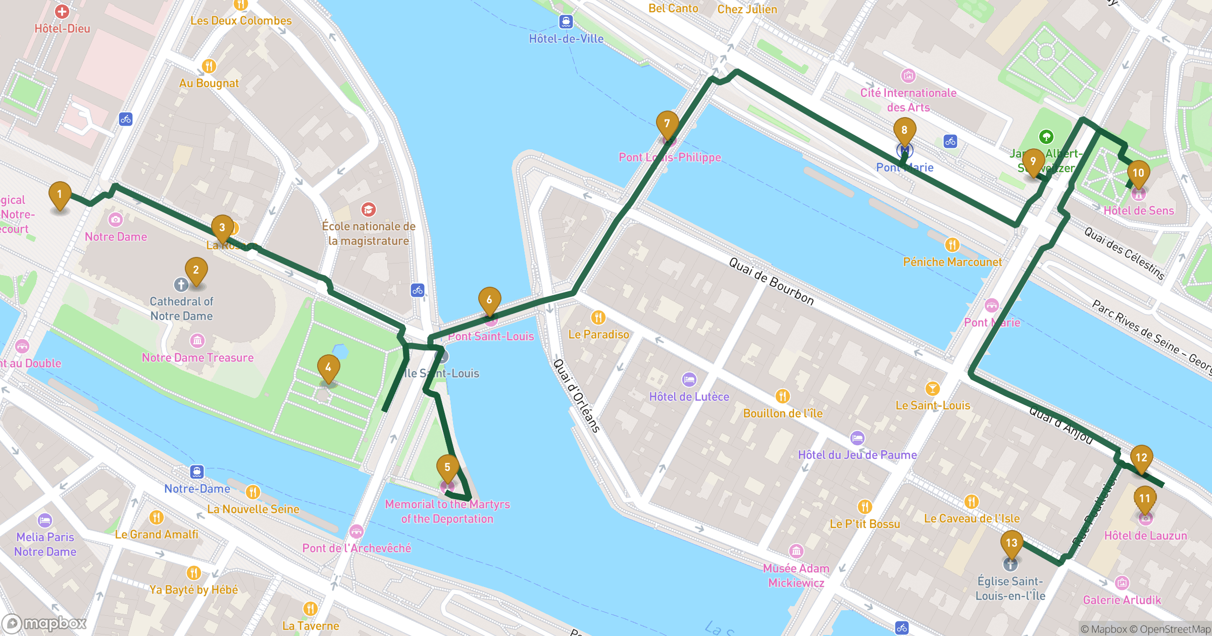 Mapa de passeio a pé Coração de Paris com 13 paragens