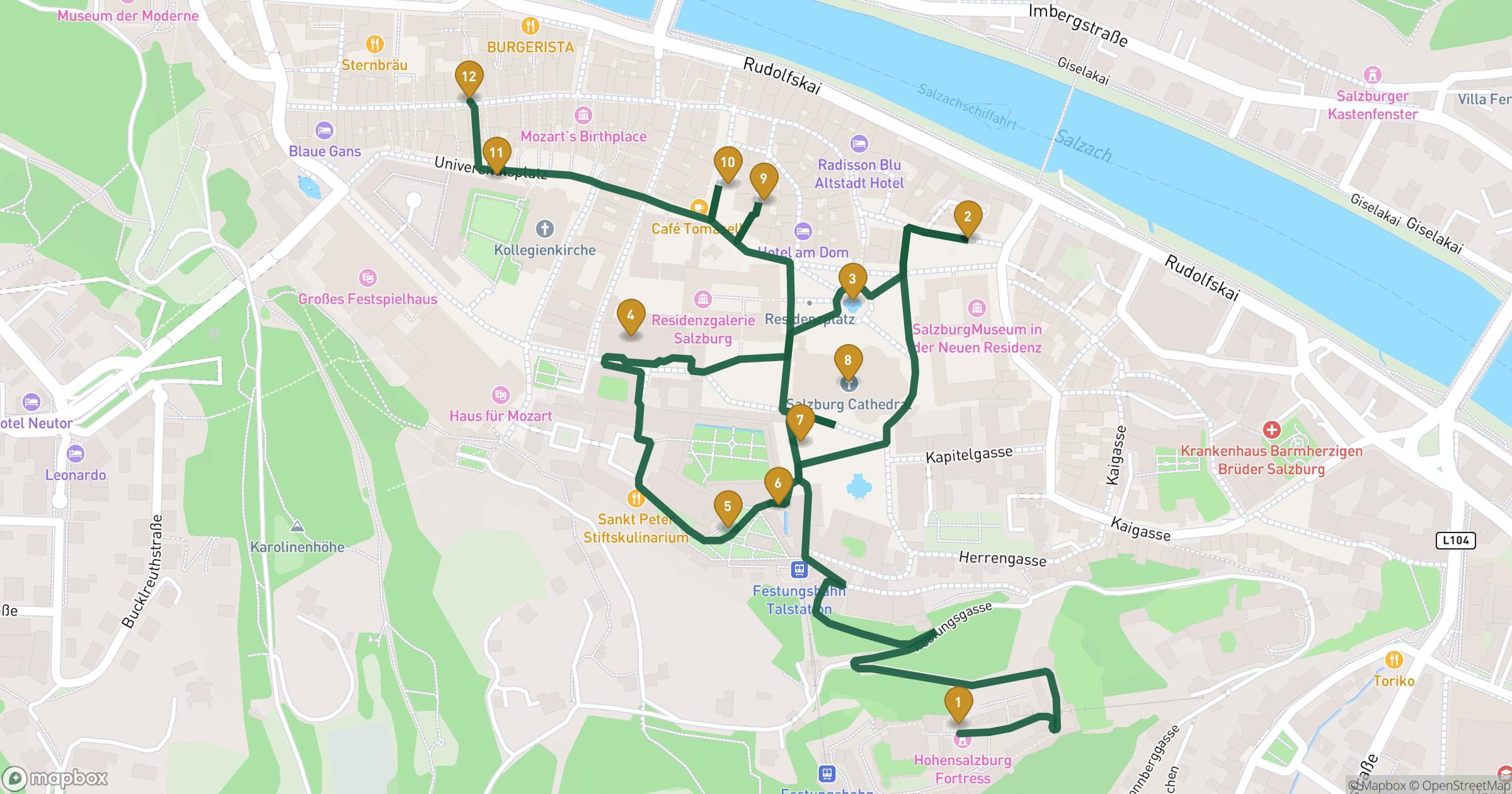 Map for Salzburg步行游览 with 12 stops