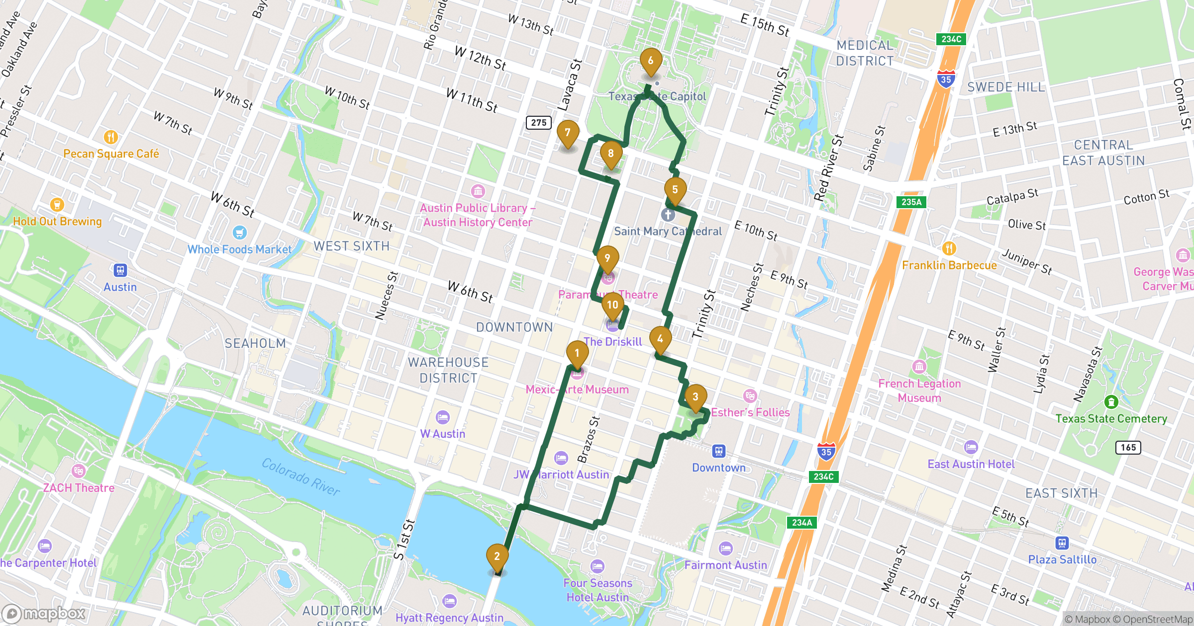 Karte für Stadtführung Austin mit 10 Stopps