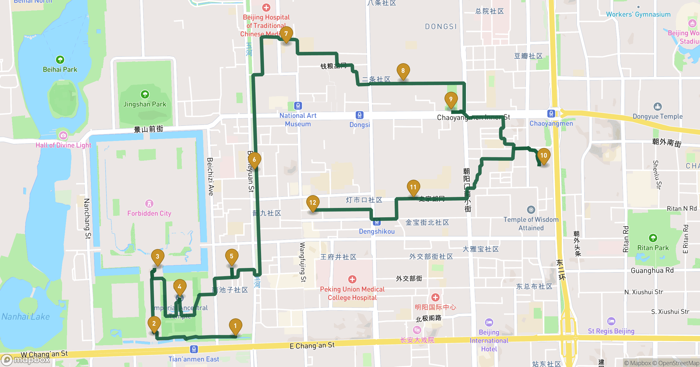 Karte für Stadtführung 东城区 mit 12 Stopps