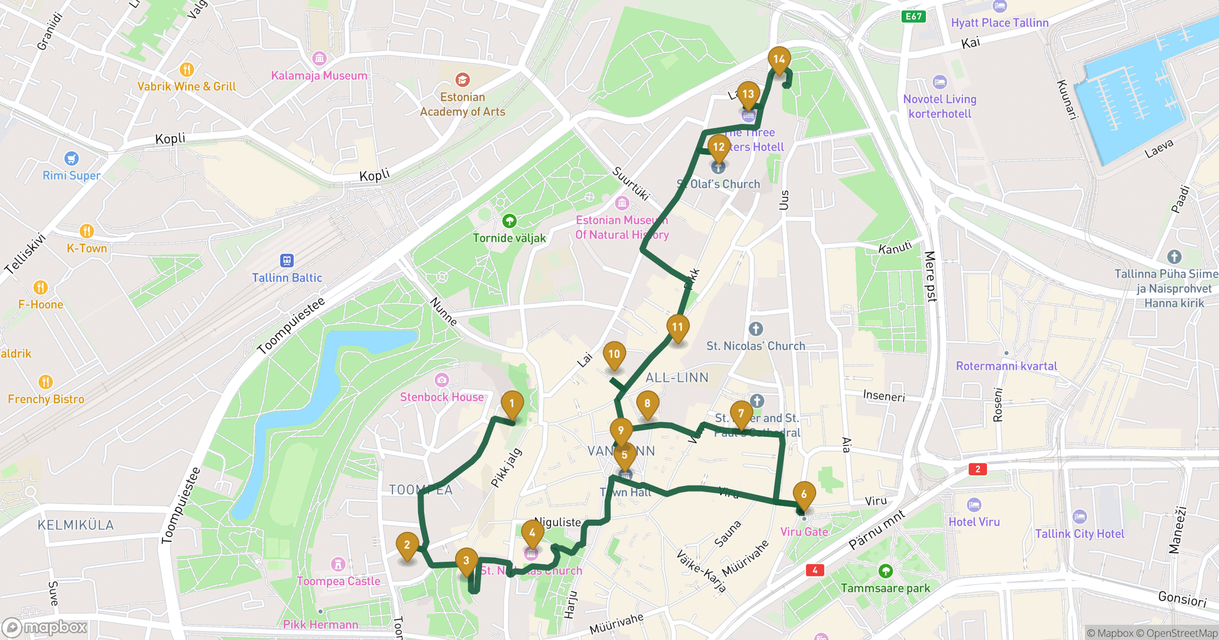 Map for Revel walking tour with 14 stops
