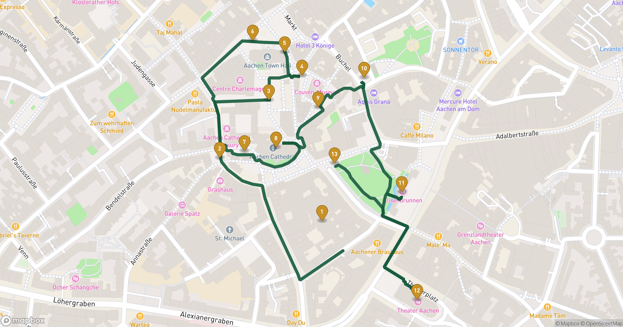 Karte für Stadtführung Aachen mit 13 Stopps
