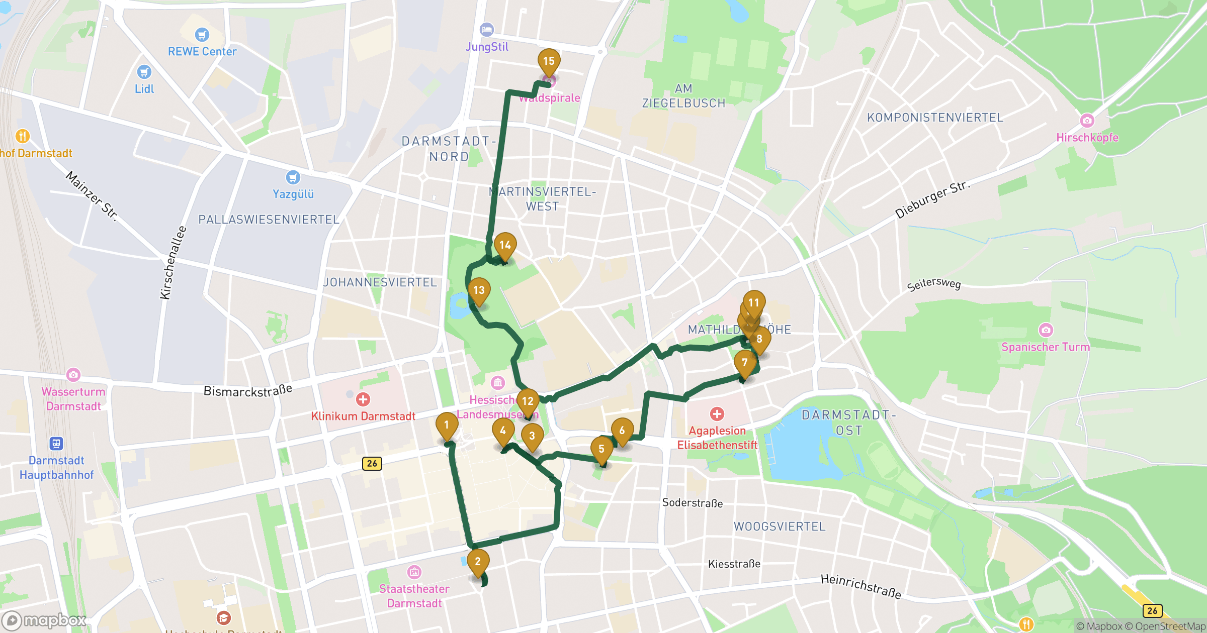 Map for Darmstadt徒歩ツアー with 15 stops