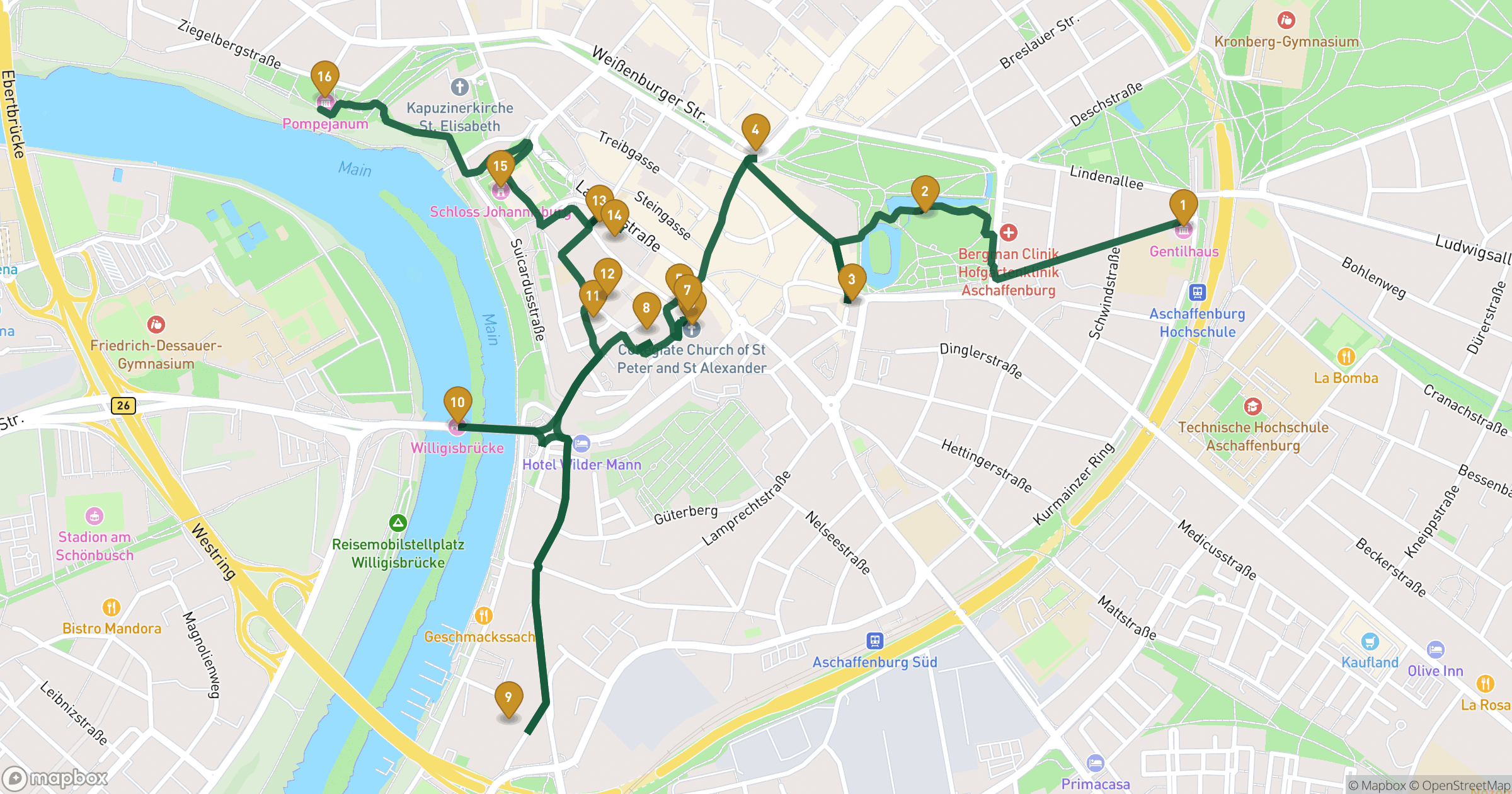 Map for 아샤펜부르크 도보 투어 with 16 stops