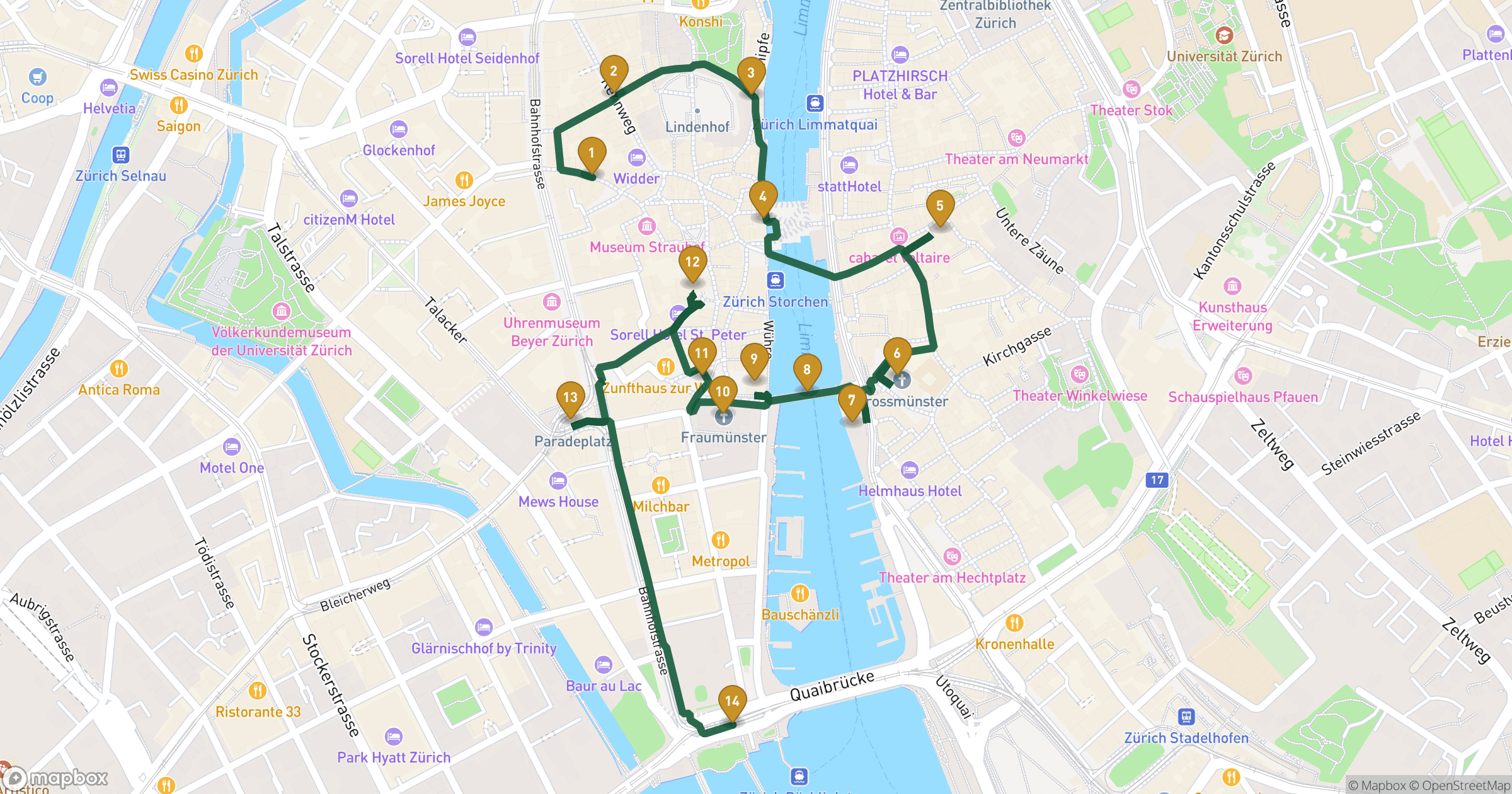 Mapa de city tour Zurique com 14 paragens
