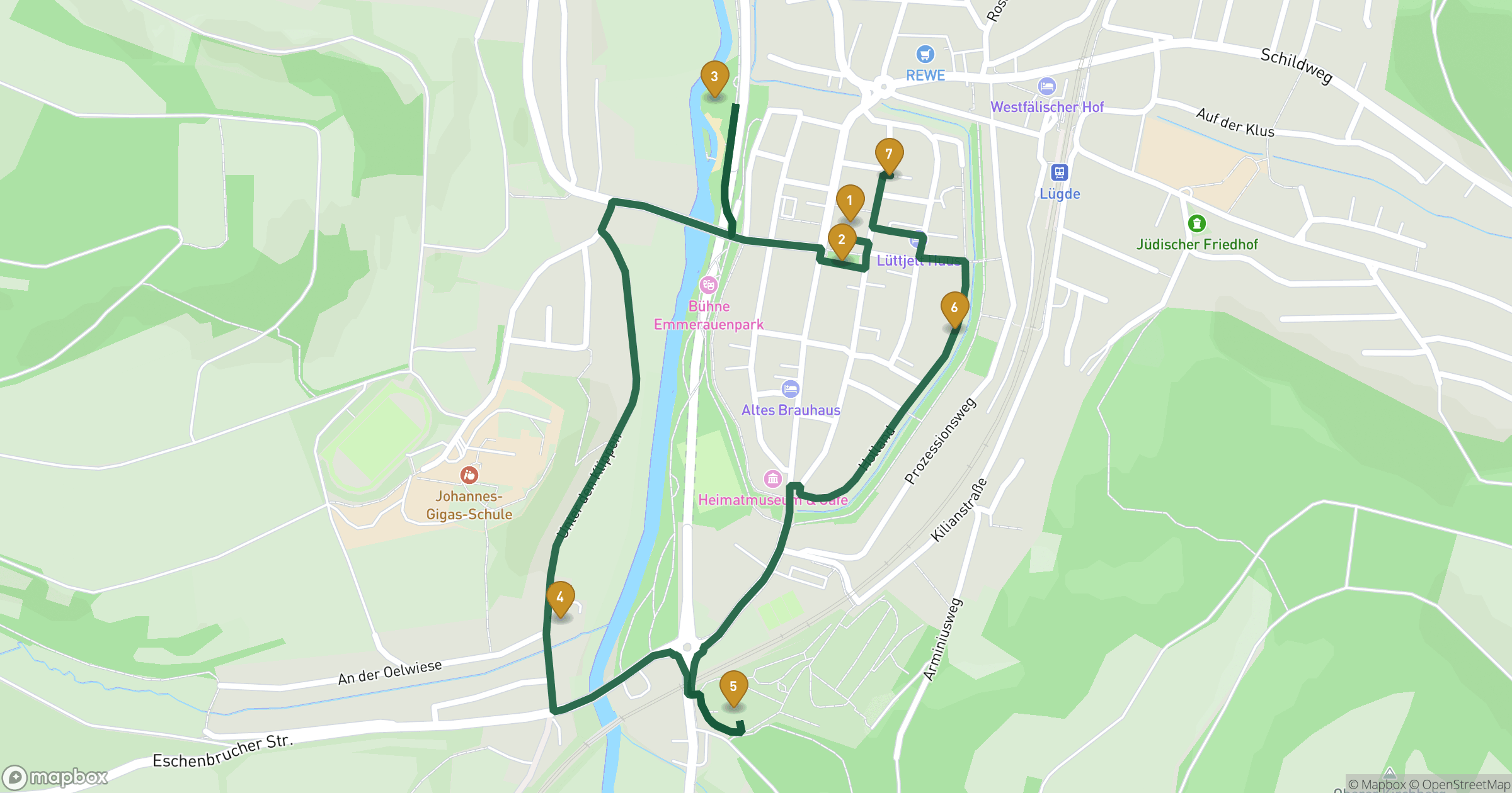 Map for Lügde byvandring with 7 stops