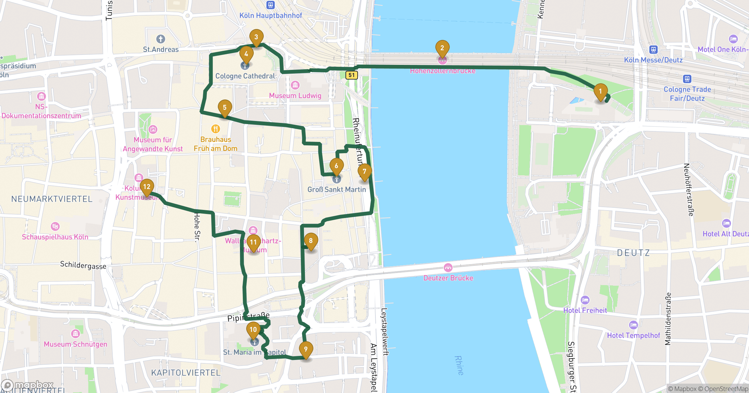 Map for Cologne walking tour with 12 stops