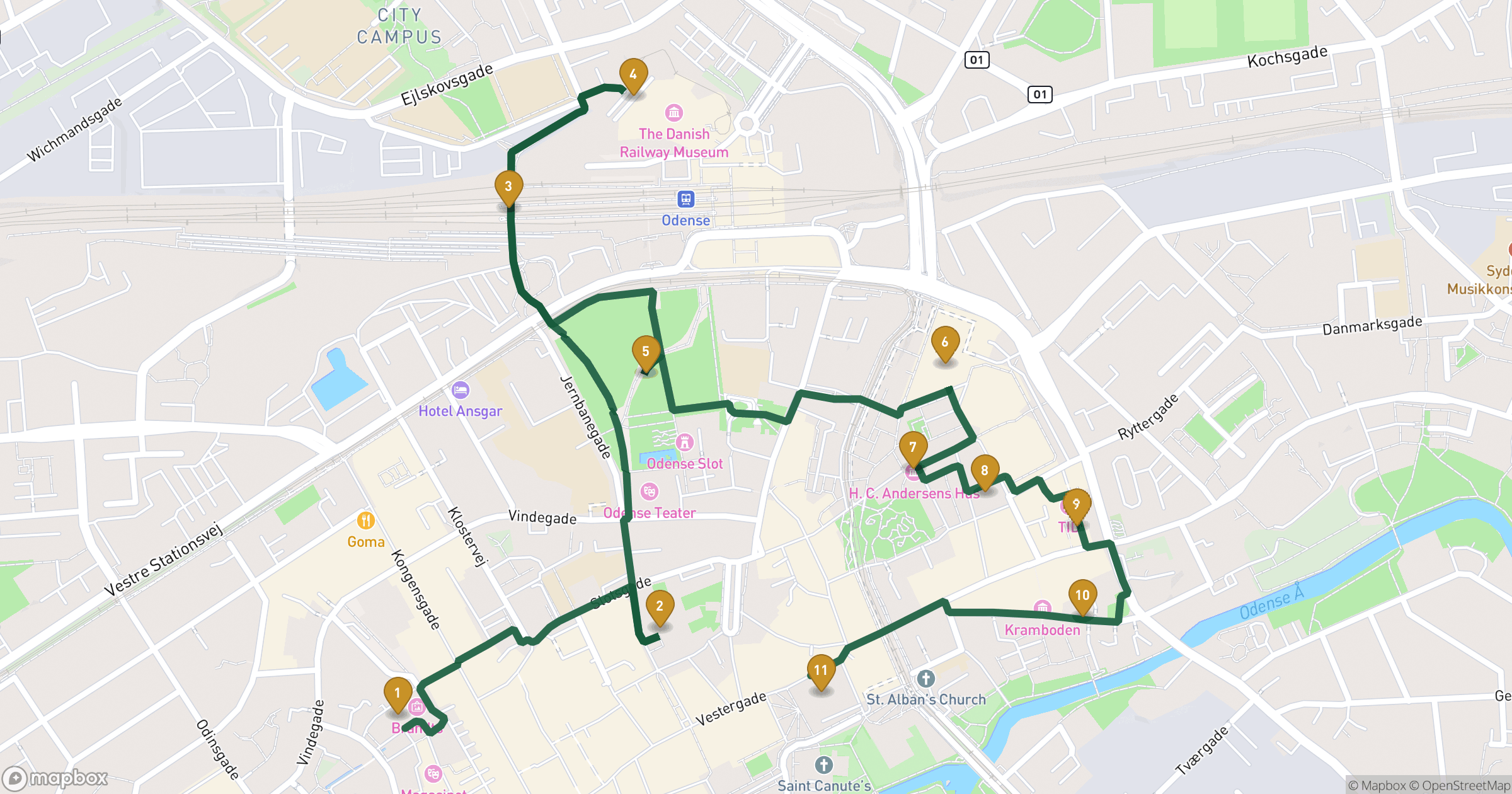Map for Odense byvandring with 11 stops