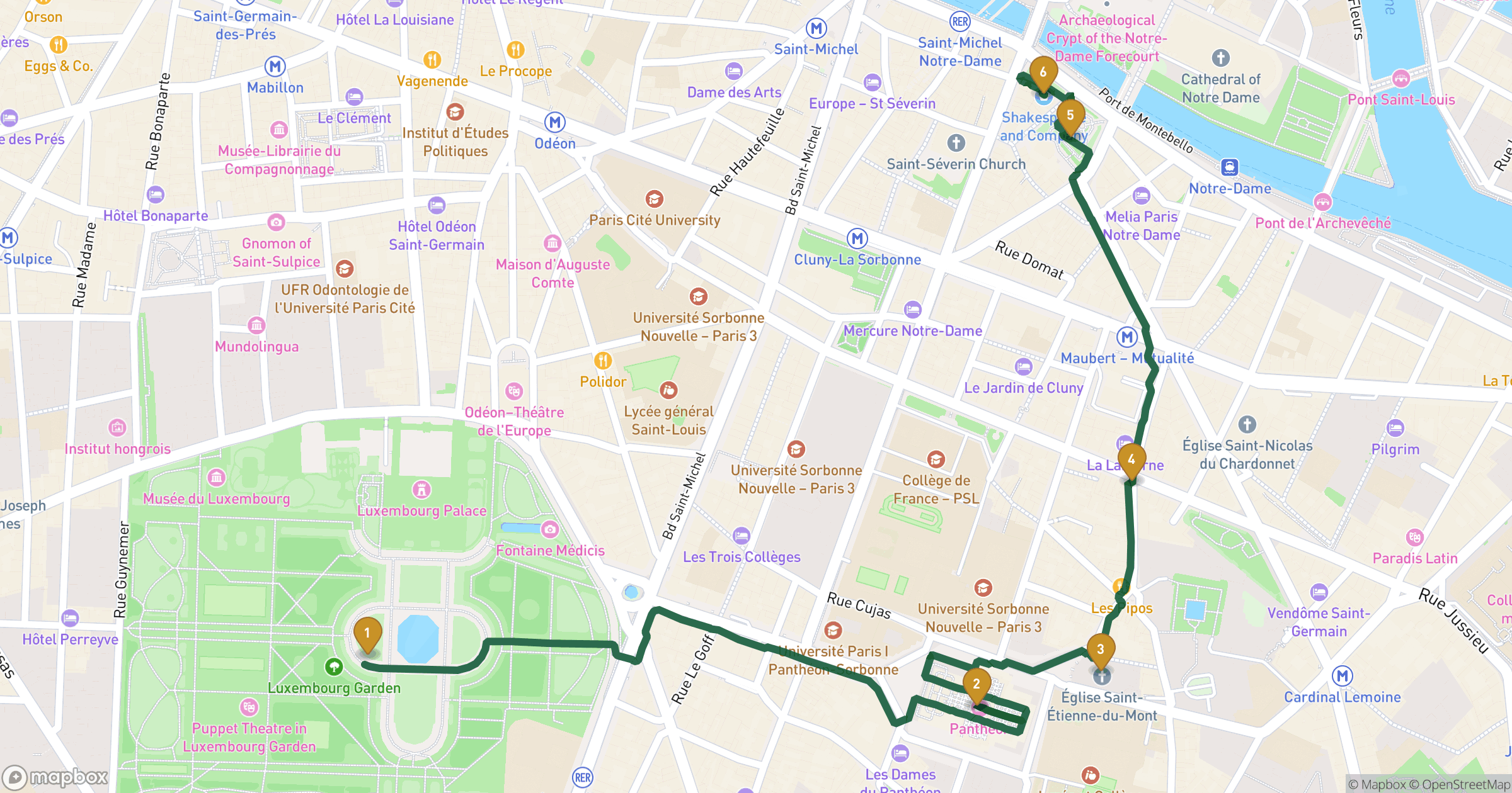 Map for Paris byvandring with 6 stops