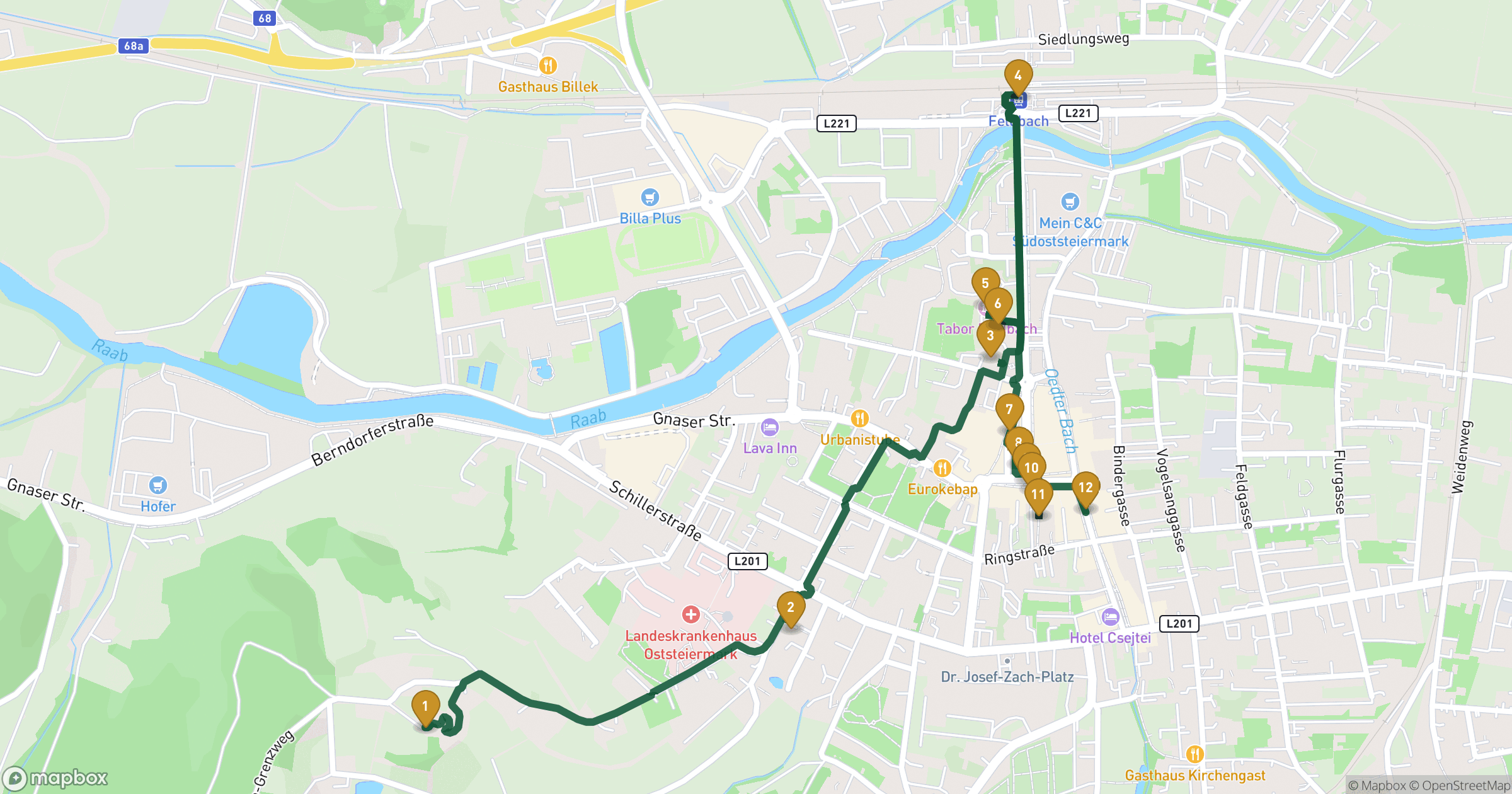 Map for Feldbach步行游览 with 12 stops