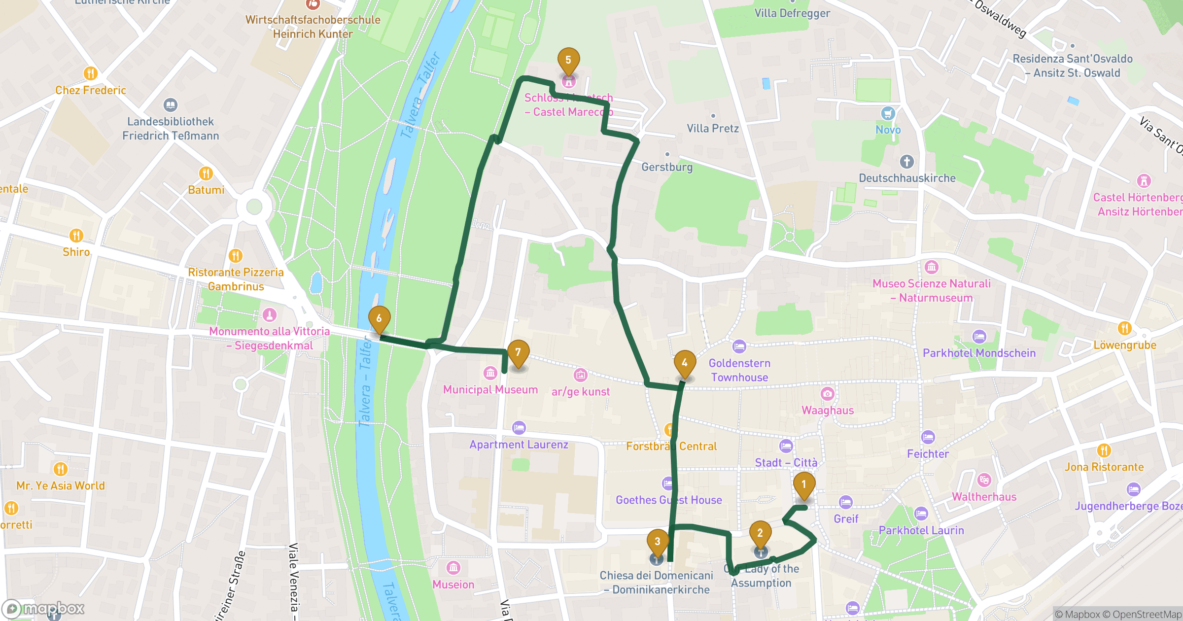 Mapa de city tour Bolzano com 7 paragens