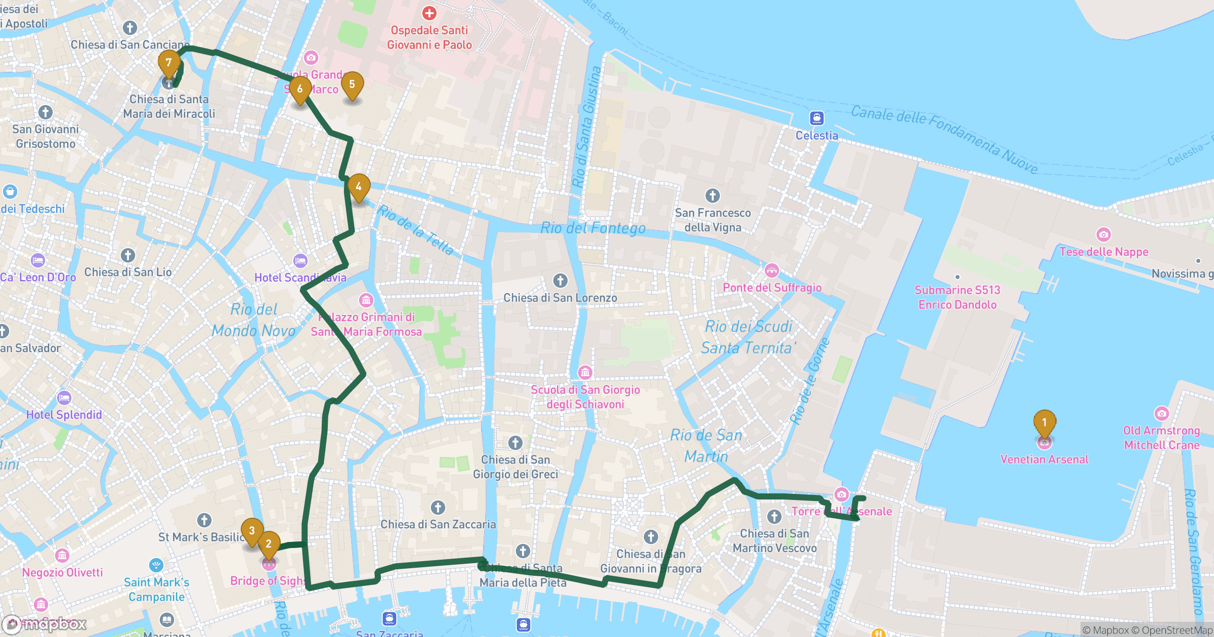 Map for Venice walking tour with 7 stops