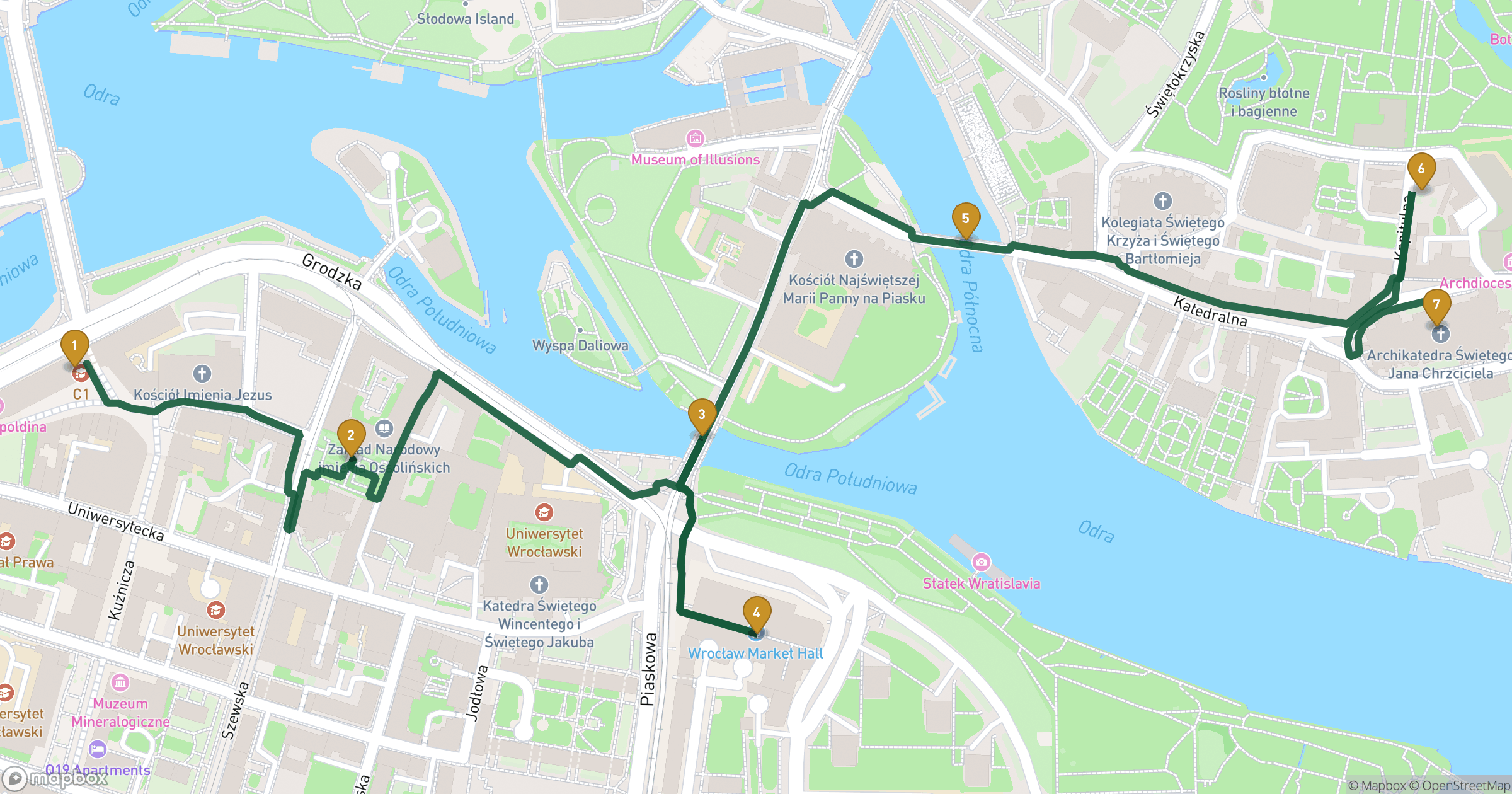 Mapa dla spacer po Wrocław z 7 przystankami