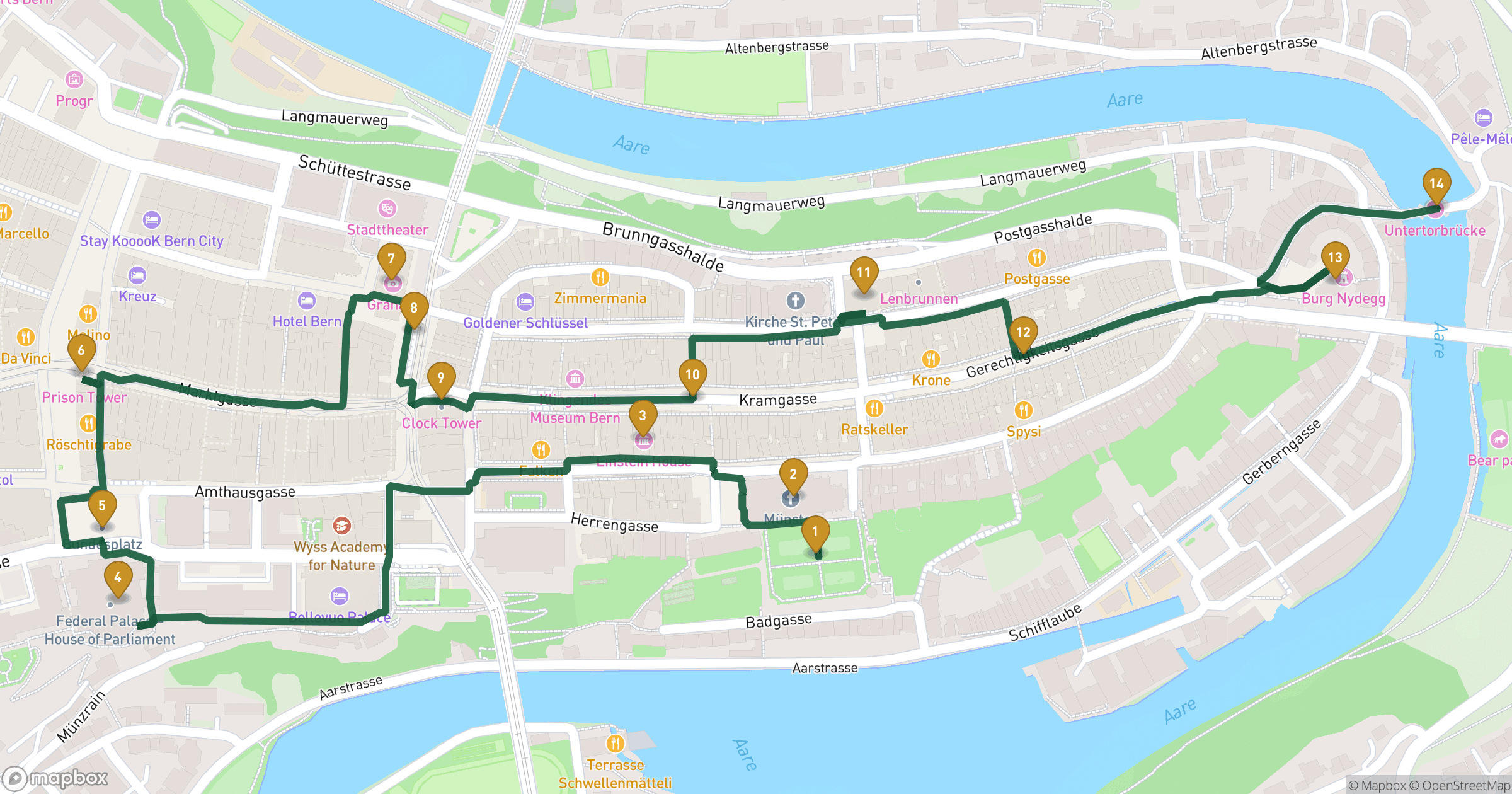 Mapa de visita guiada Berna con 14 paradas