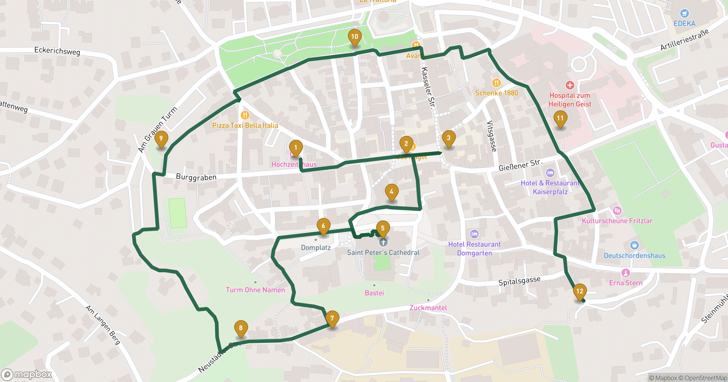 Map for Fritzlar walking tour with 12 stops