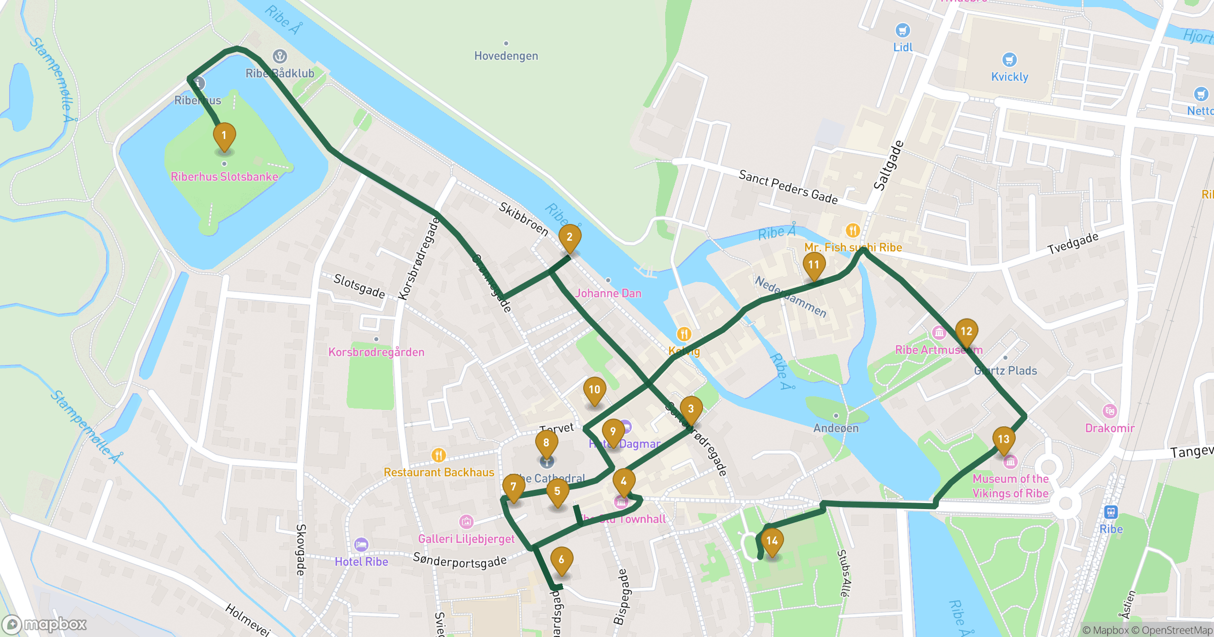 Map for Ribe walking tour with 14 stops