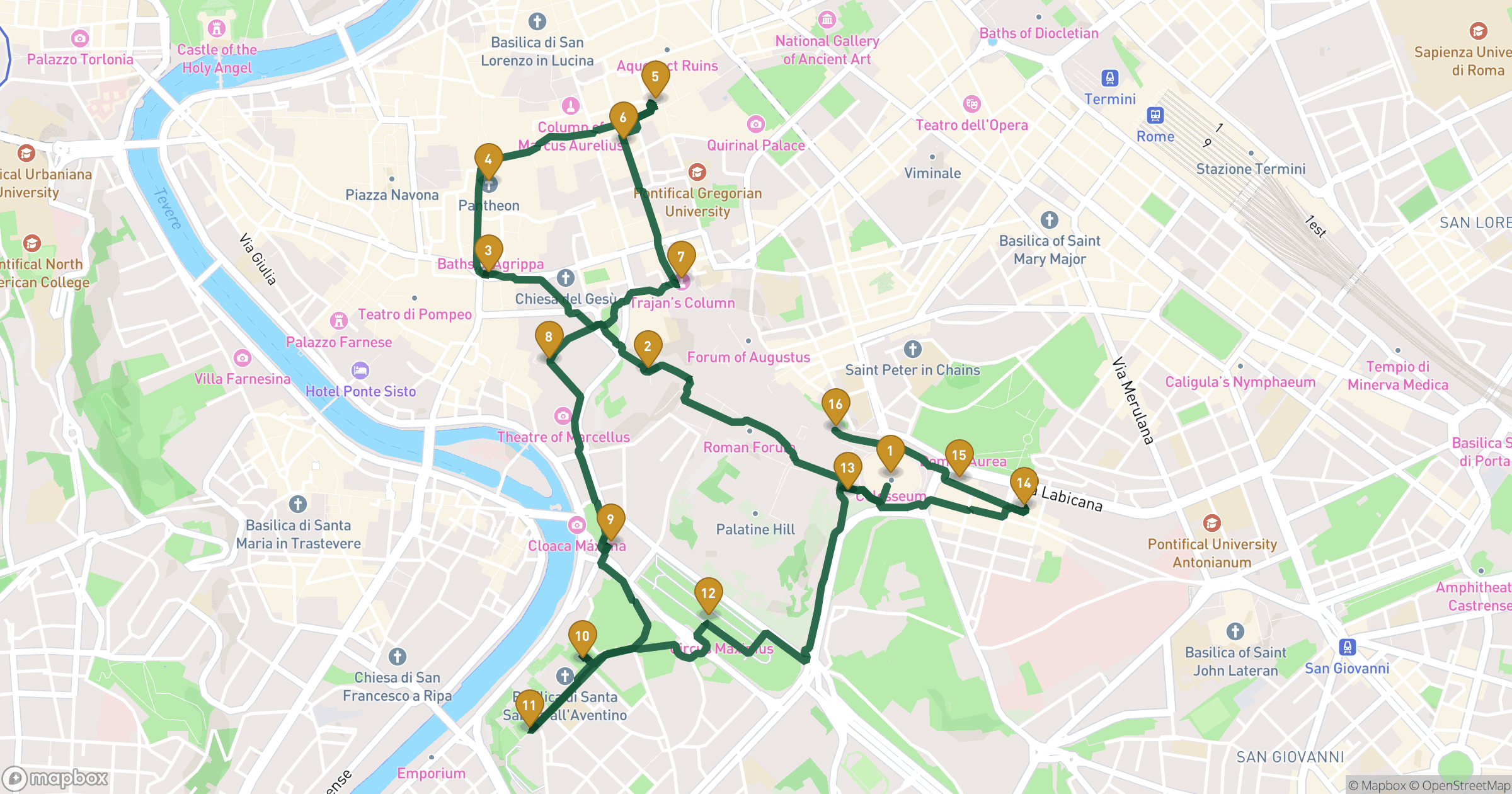 Map for Rom byvandring with 16 stops