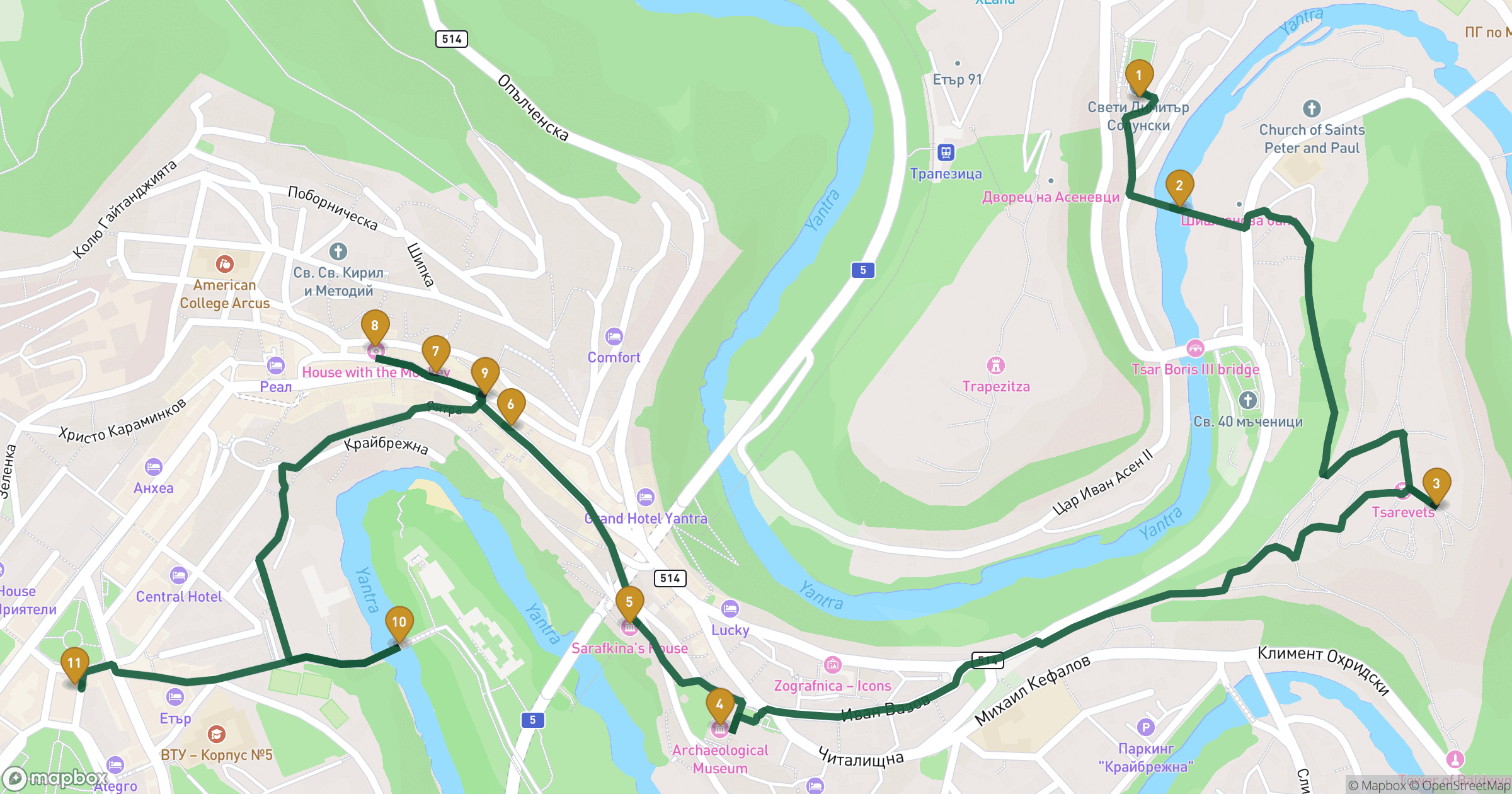 Map for Veliko Tarnovo byvandring with 11 stops