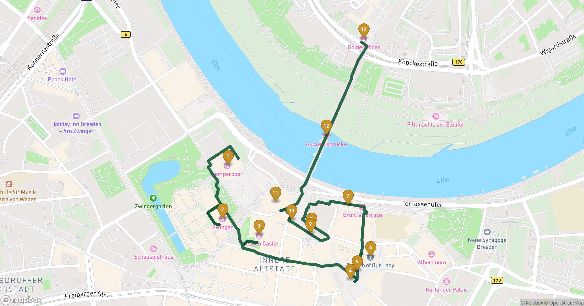 Map for Dresden walking tour with 13 stops