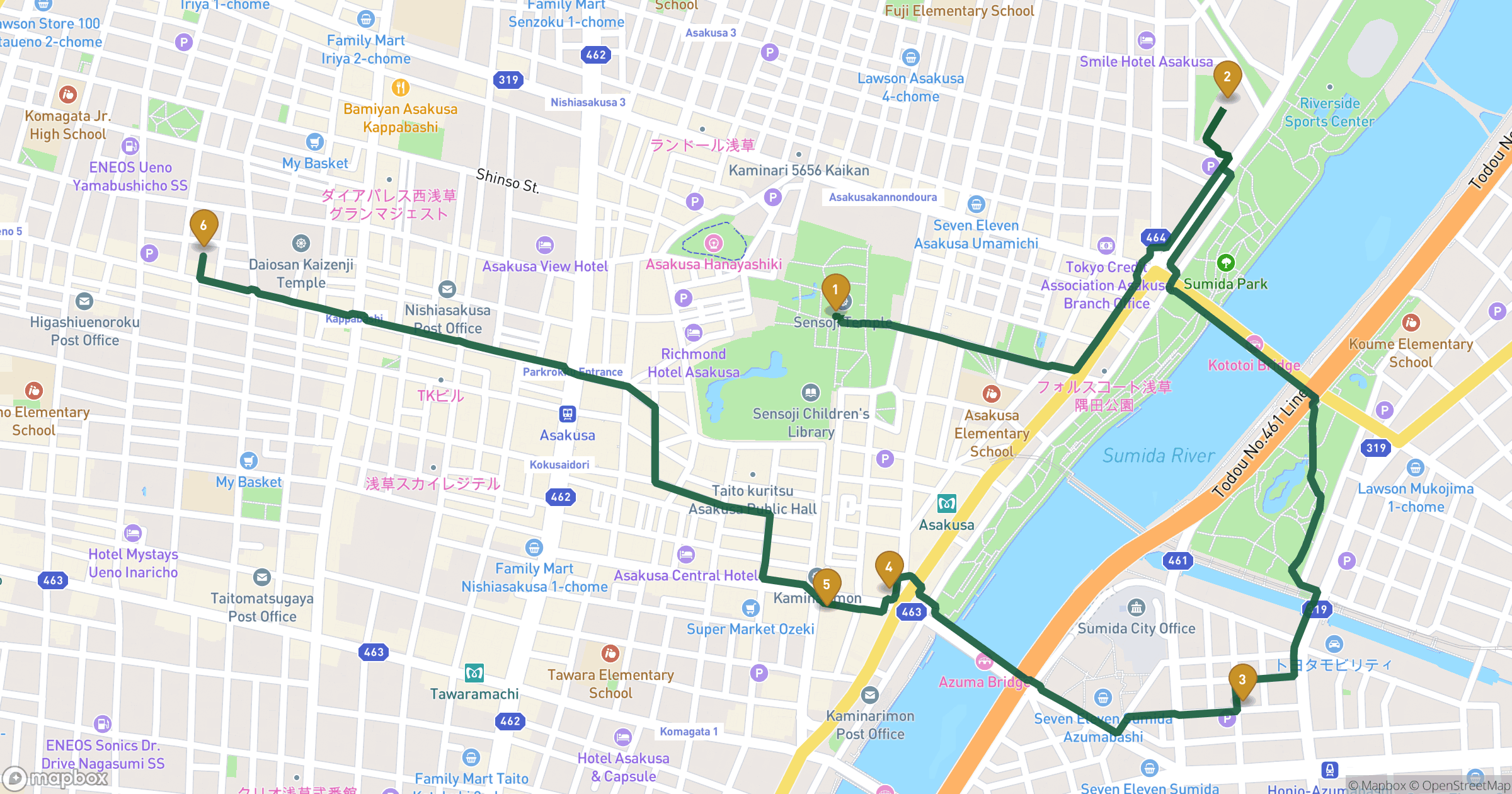 Map for Tokyo byvandring with 6 stops