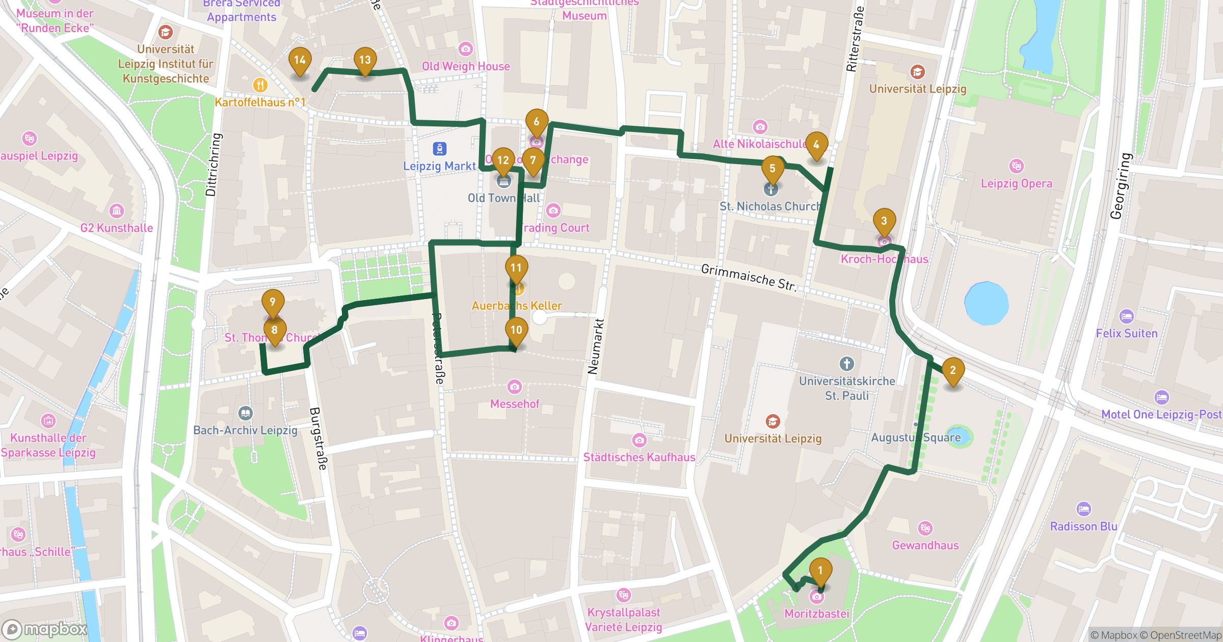 Map for Leipzig walking tour with 14 stops